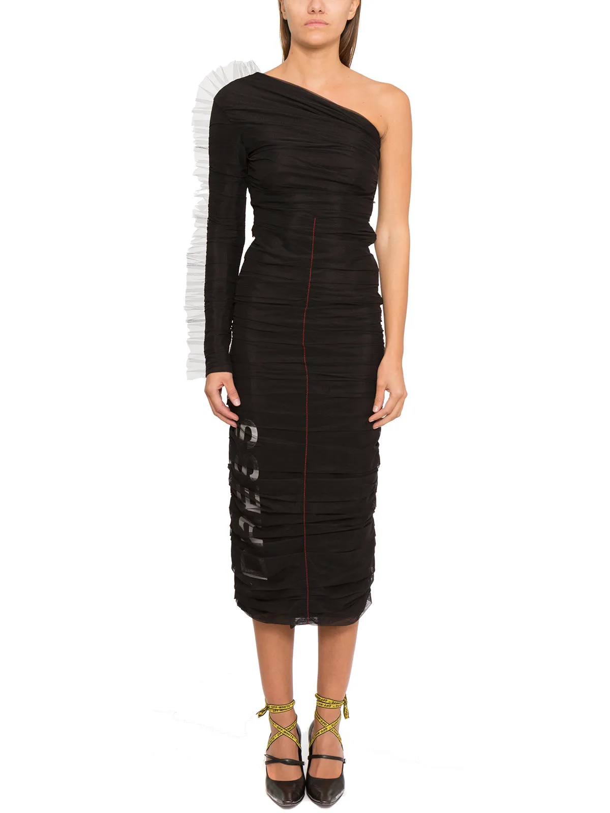 Off-White One Shoulder Tulle-Detailed Midi Dress