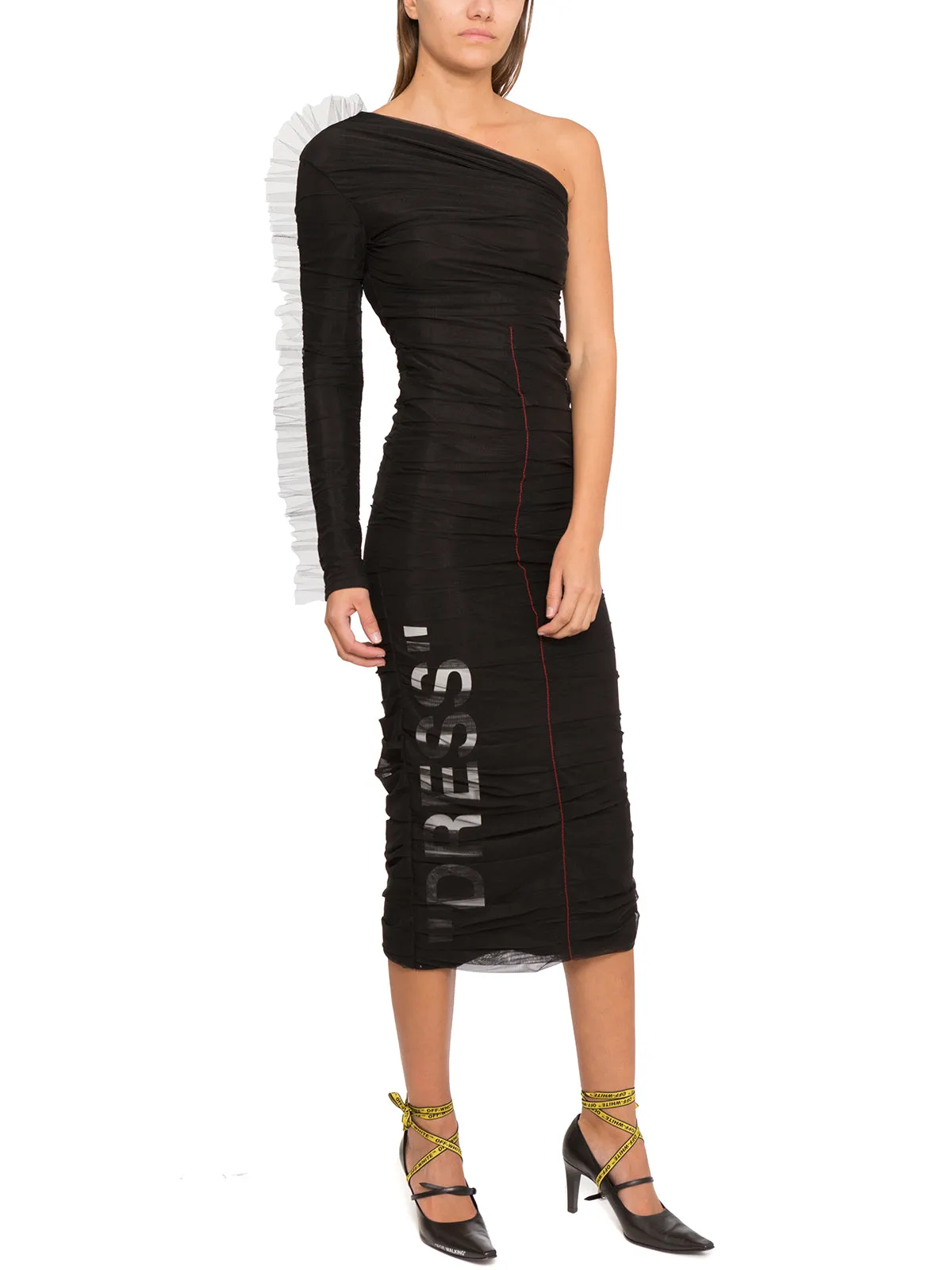 Off-White One Shoulder Tulle-Detailed Midi Dress