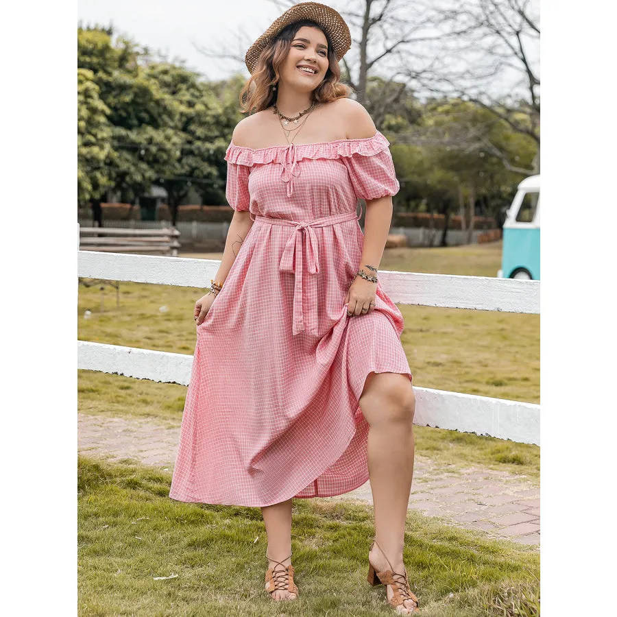 Plus Size Plaid Off-Shoulder Short Sleeve Midi Dress