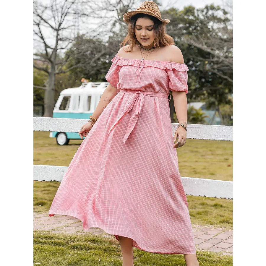 Plus Size Plaid Off-Shoulder Short Sleeve Midi Dress