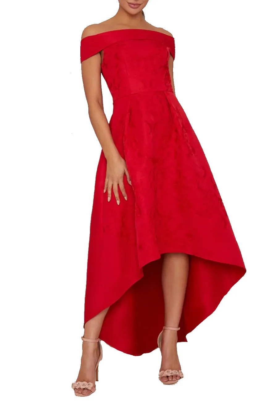 Red Heloise Jacquard Off Shoulder High Low Midi Dress