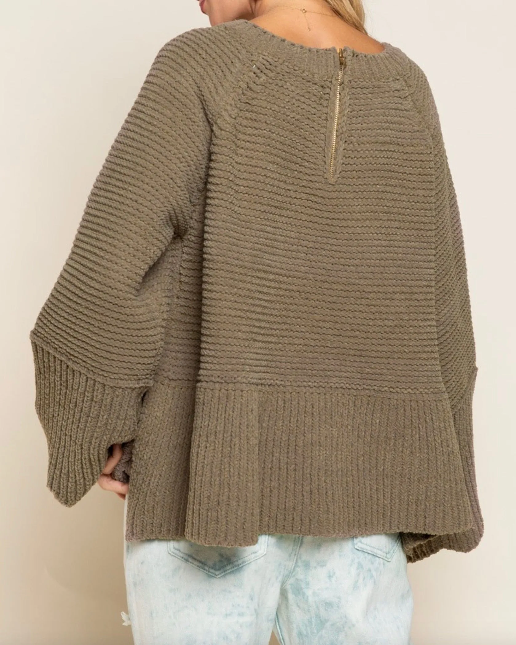 Relaxed Fit Scallop Edge Long Bell Sleeve Knit Sweater in Olive