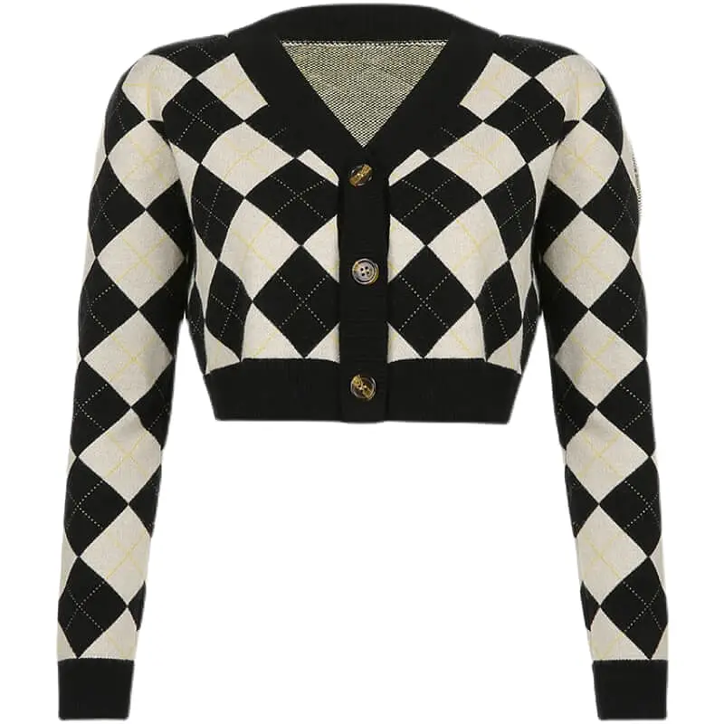 RETRO CHESSBOARD CARDIGAN SWEATER BY90007