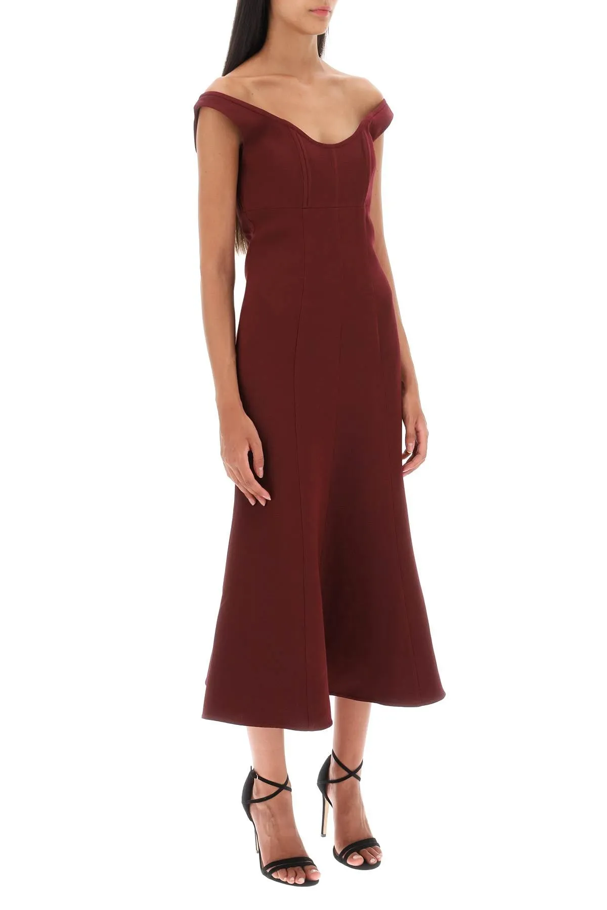 Roland mouret wool silk off-the-shoulder midi dress 158M MAROON