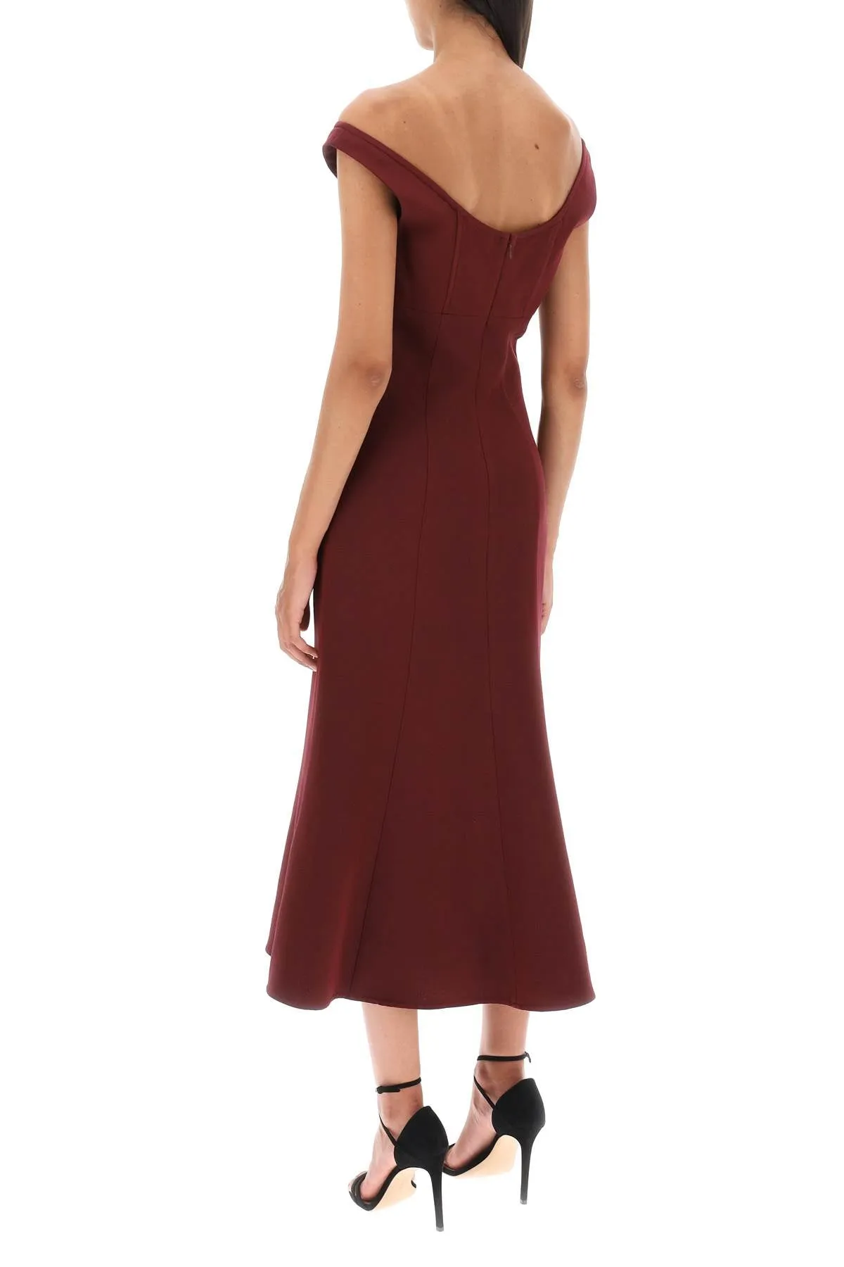 Roland mouret wool silk off-the-shoulder midi dress 158M MAROON