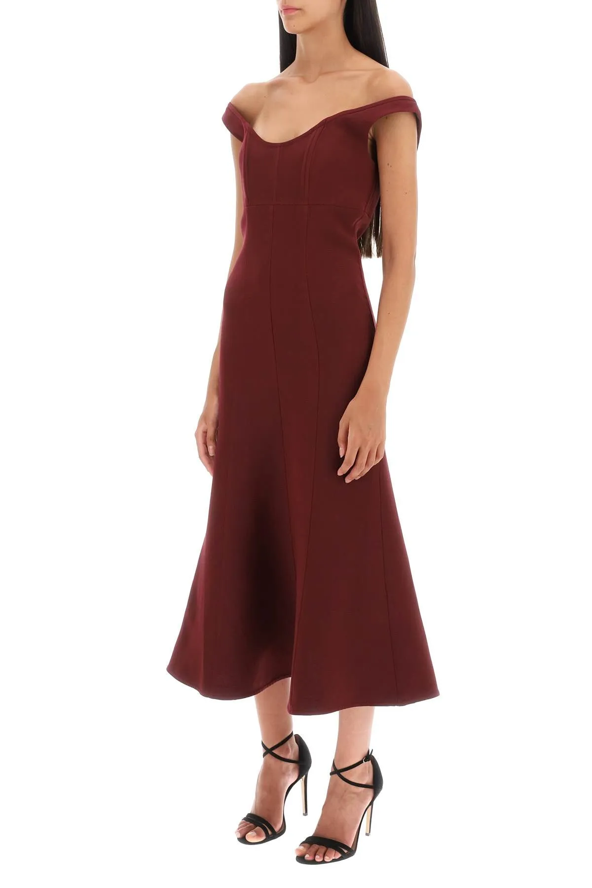 Roland mouret wool silk off-the-shoulder midi dress 158M MAROON