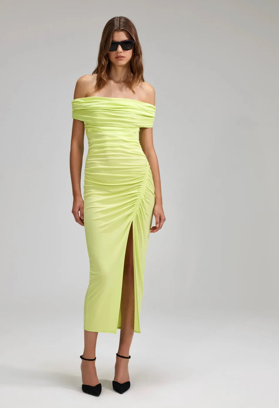 Self- Portrait - Lime Jersey Off Shoulder Midi Dress - Green