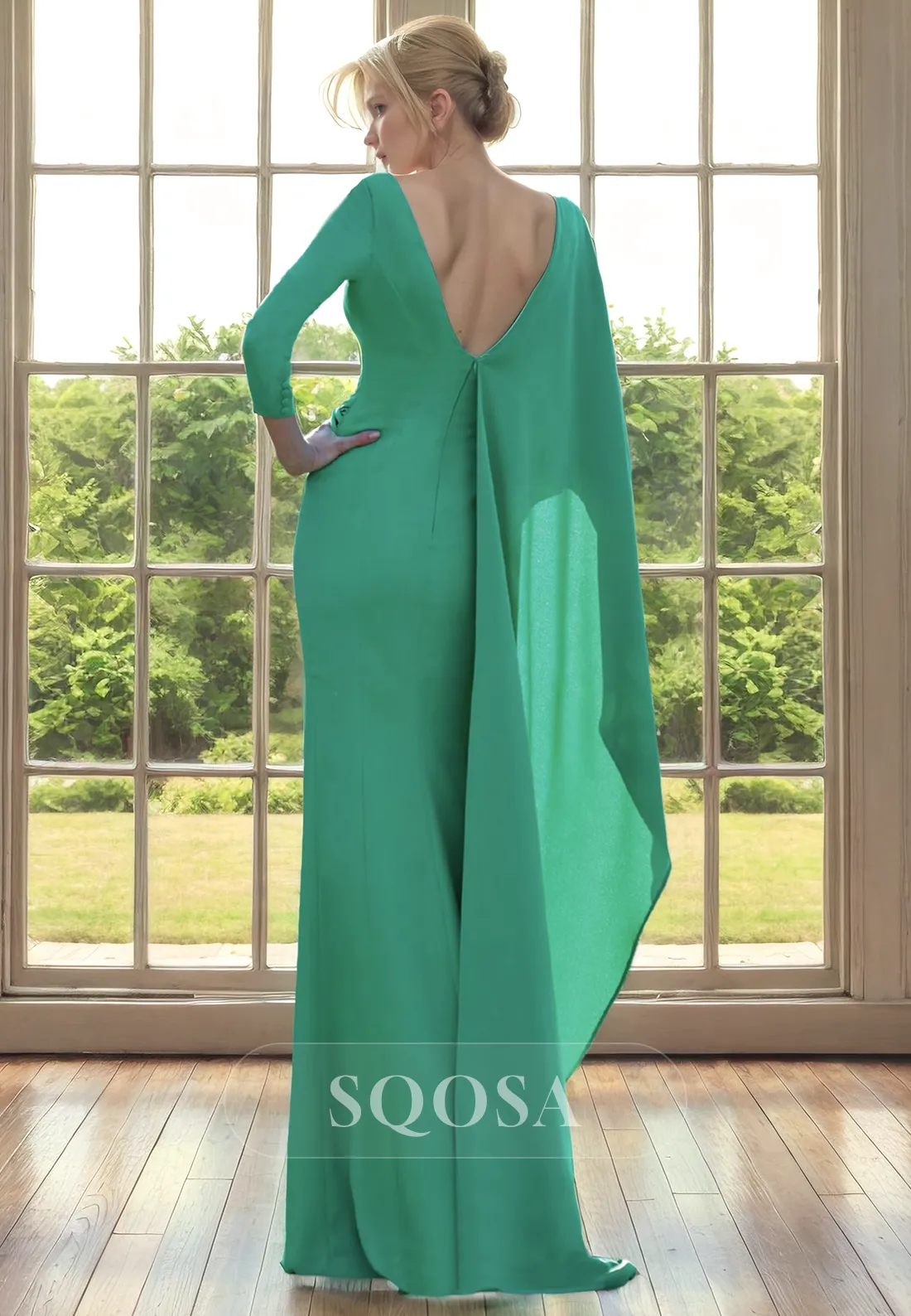 Sheath V Neck 3/4 Sleeves Green Long Formal Evening Dress for Wedding Long Mother of the Bride Dress