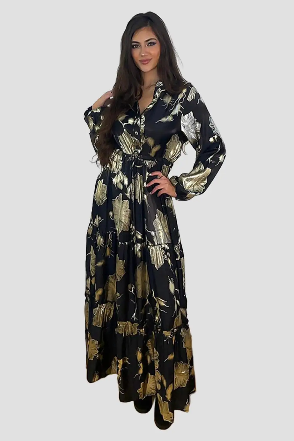 Shimmer Floral Print Tiered Modest Dress