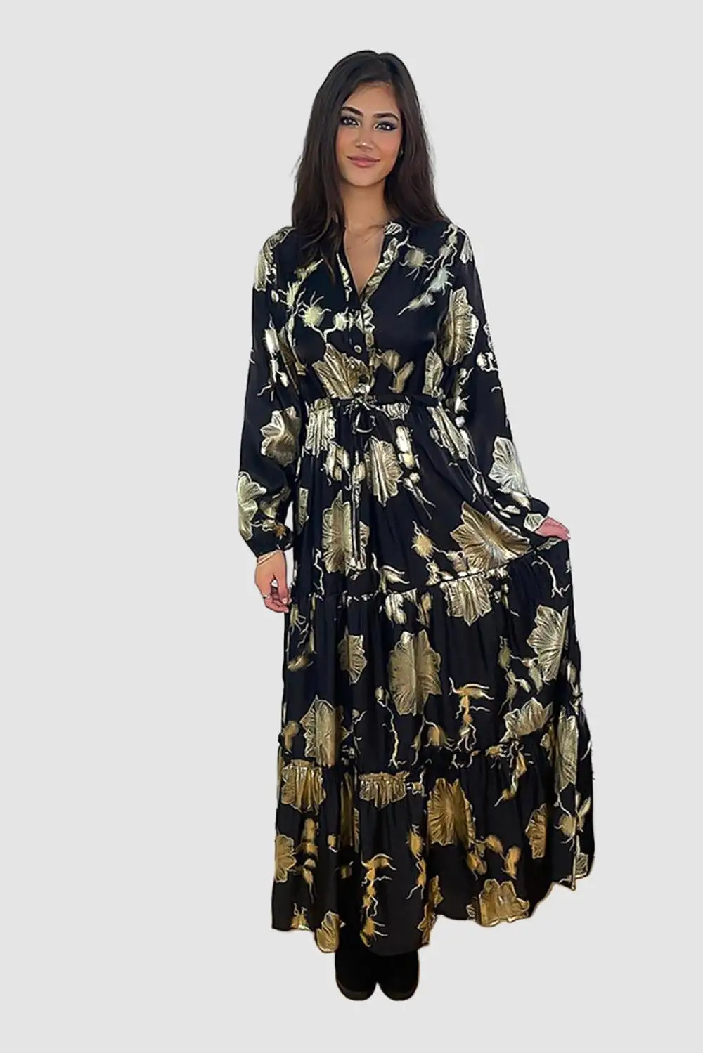 Shimmer Floral Print Tiered Modest Dress