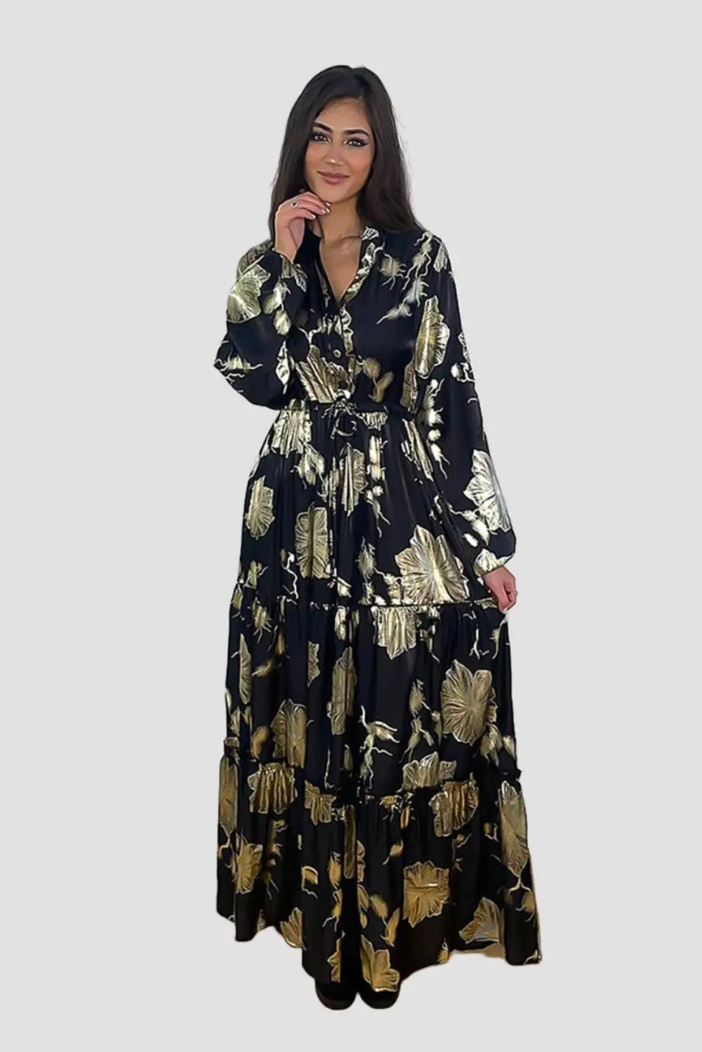 Shimmer Floral Print Tiered Modest Dress