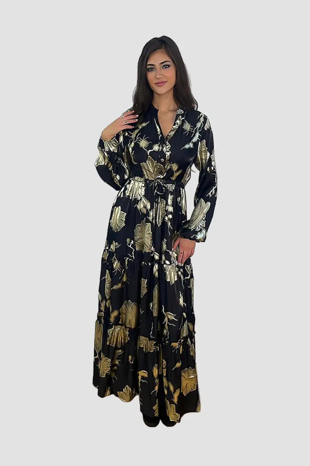 Shimmer Floral Print Tiered Modest Dress