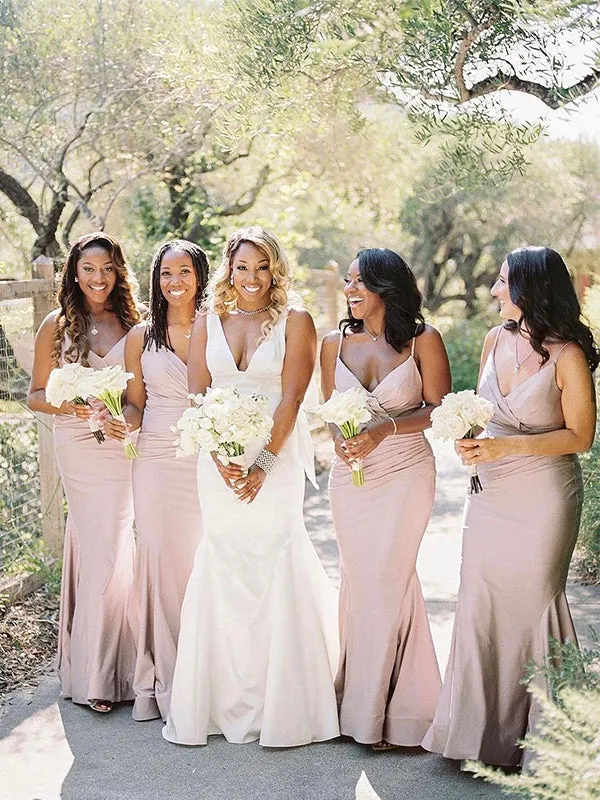 Simple Spaghetti Straps V-Neck Mermaid Blush Satin Long Bridesmaid Dresses Online, BG399