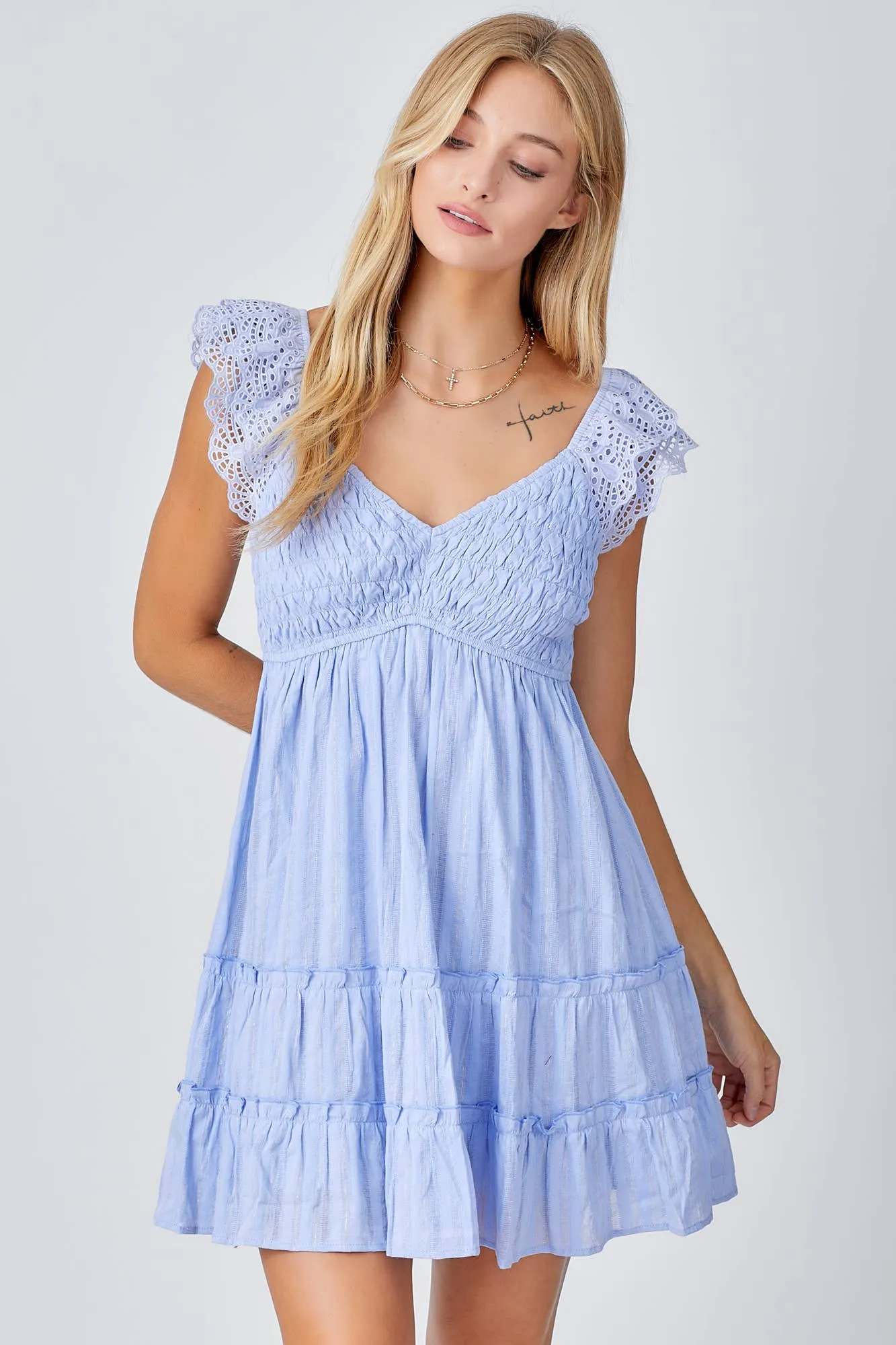 SMOCKED BODICE MINI DRESS WITH LUREX