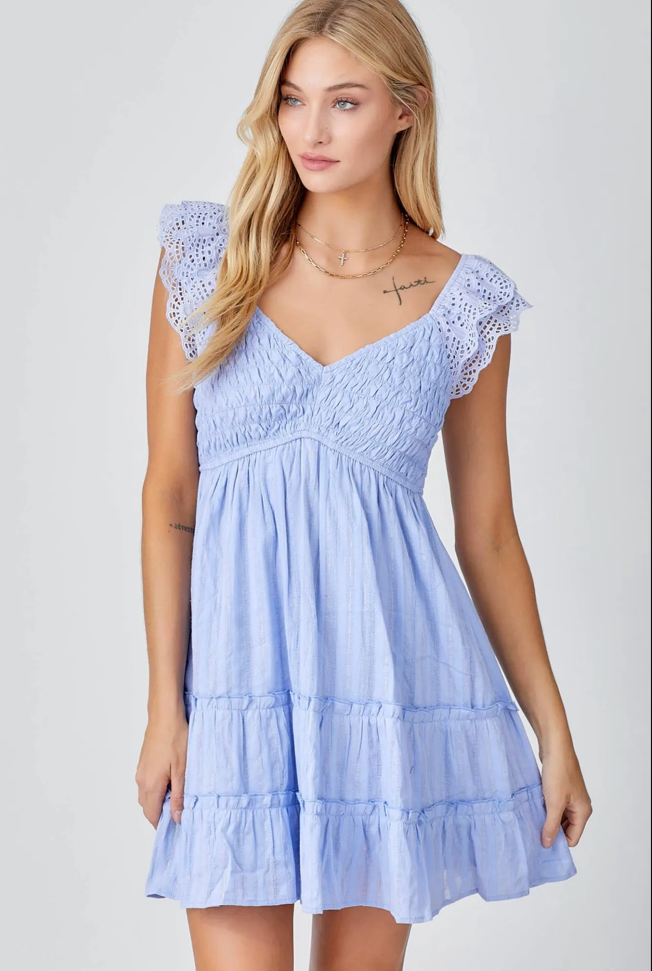 SMOCKED BODICE MINI DRESS WITH LUREX