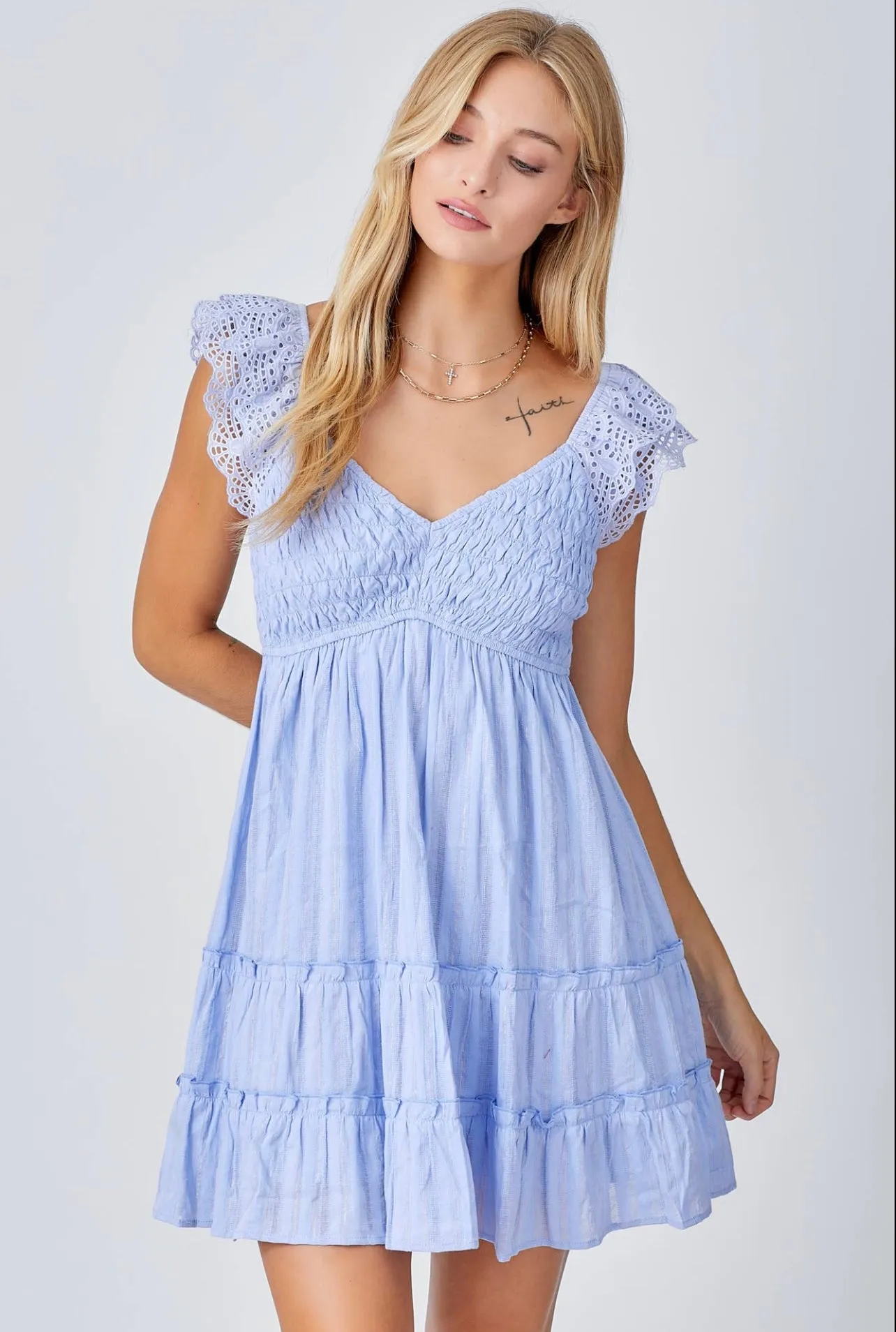 SMOCKED BODICE MINI DRESS WITH LUREX