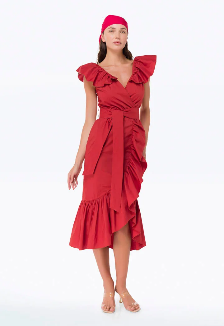 Solid Frilled Asymmetrical Neck Dress