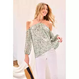 Strap Halter Neck Balloon Sleeve Floral Print Top