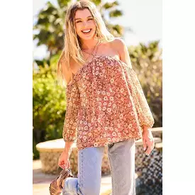 Strap Halter Neck Balloon Sleeve Floral Print Top