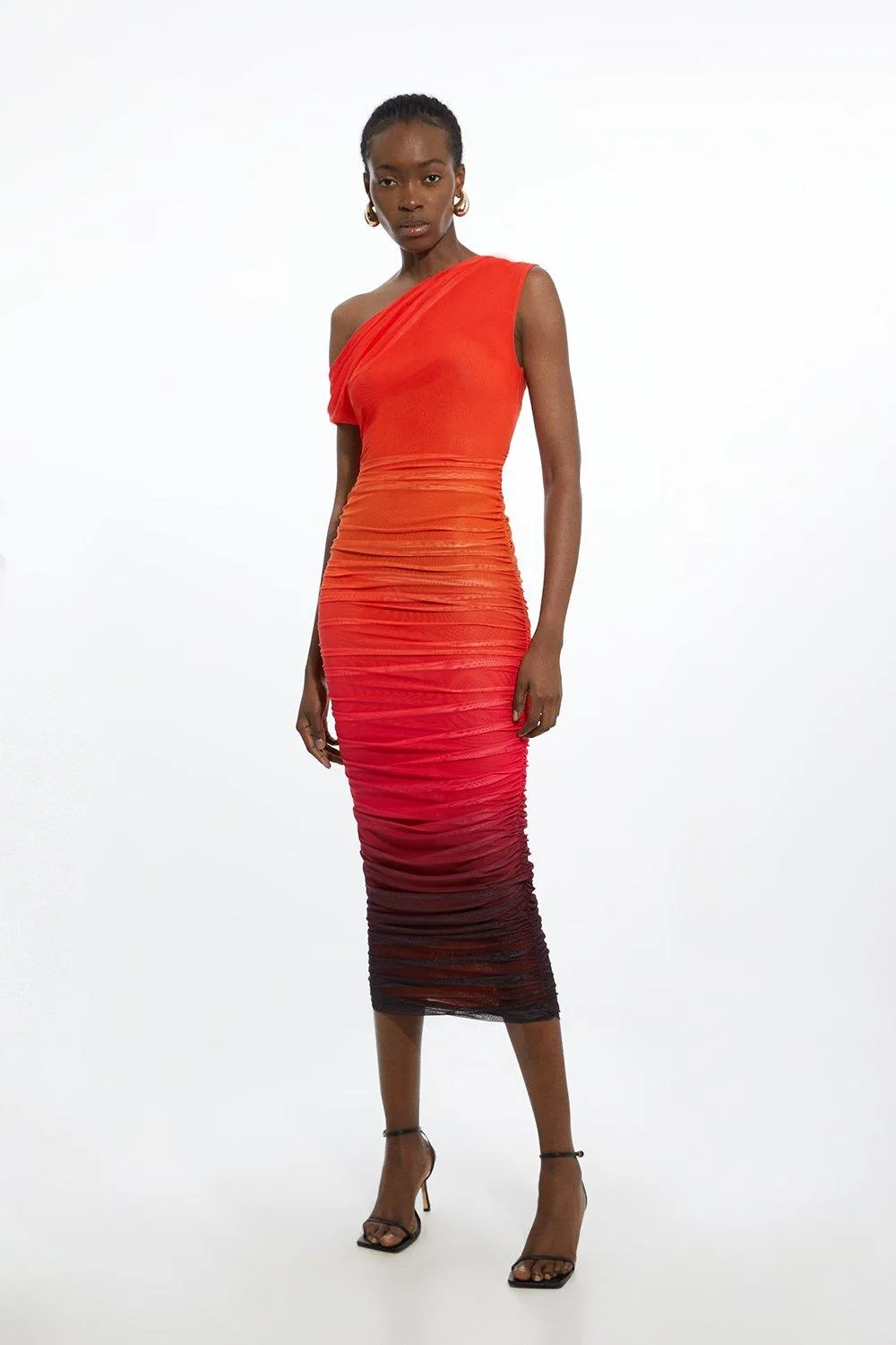 Sunset Printed Mesh Jersey One Shoulder Midi Dress | Karen Millen