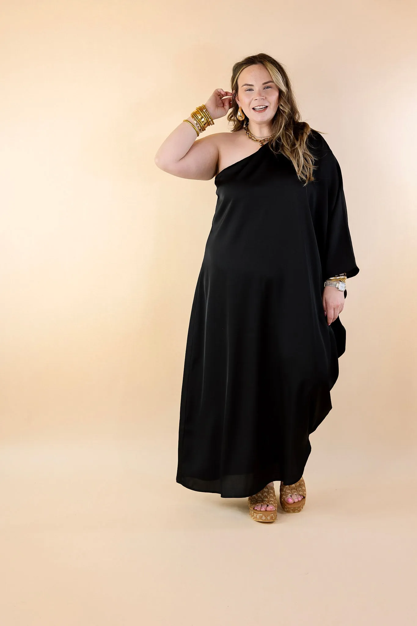 Sweet Romance One Shoulder Satin Drape Midi Dress in Black