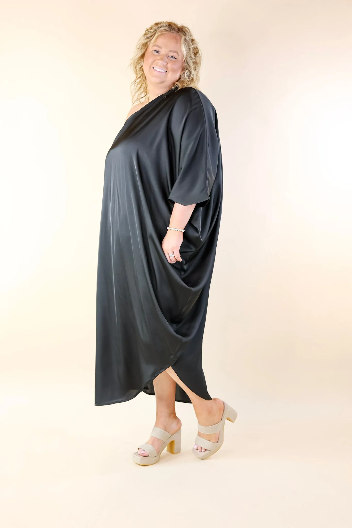 Sweet Romance One Shoulder Satin Drape Midi Dress in Black