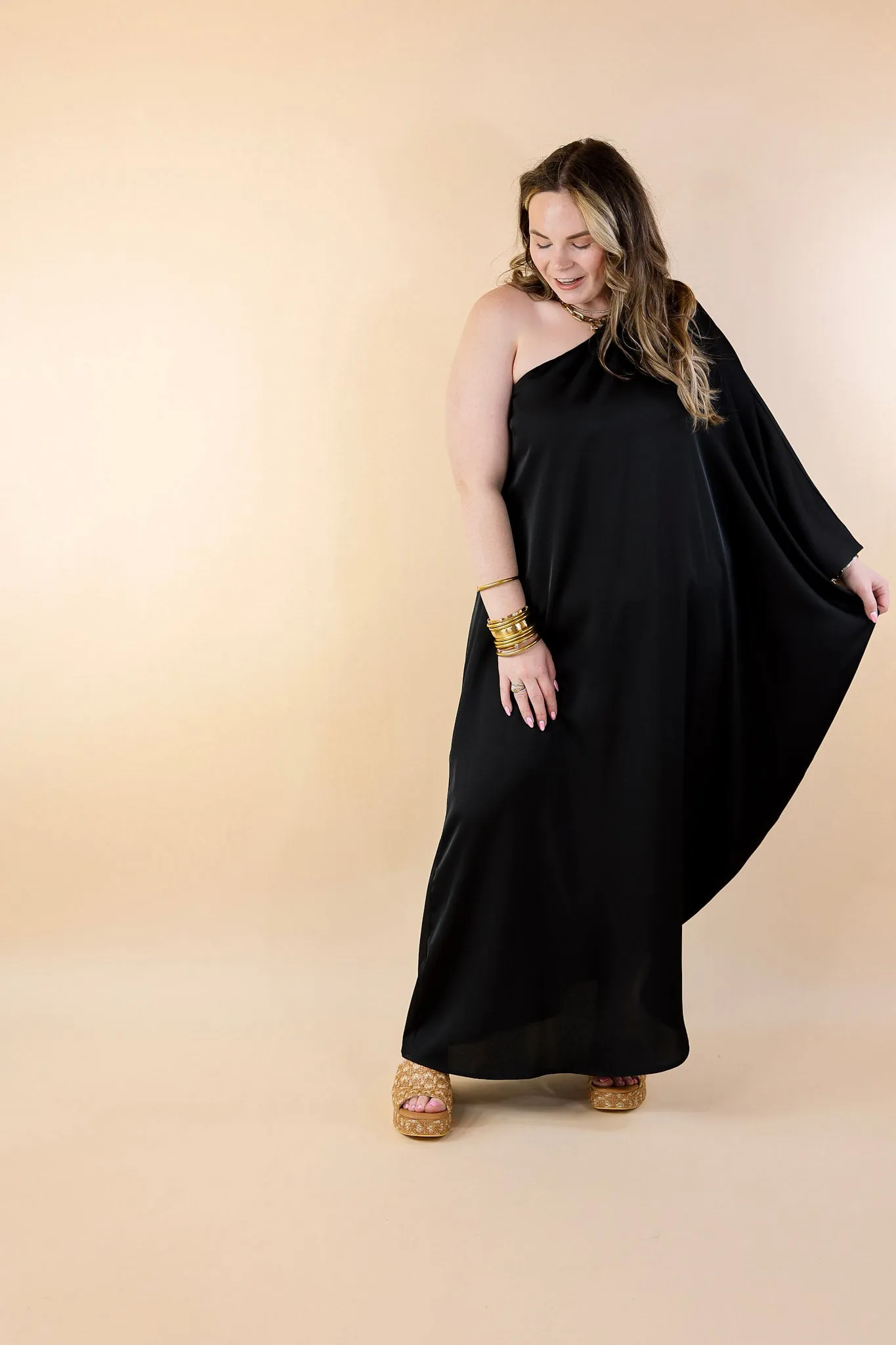 Sweet Romance One Shoulder Satin Drape Midi Dress in Black