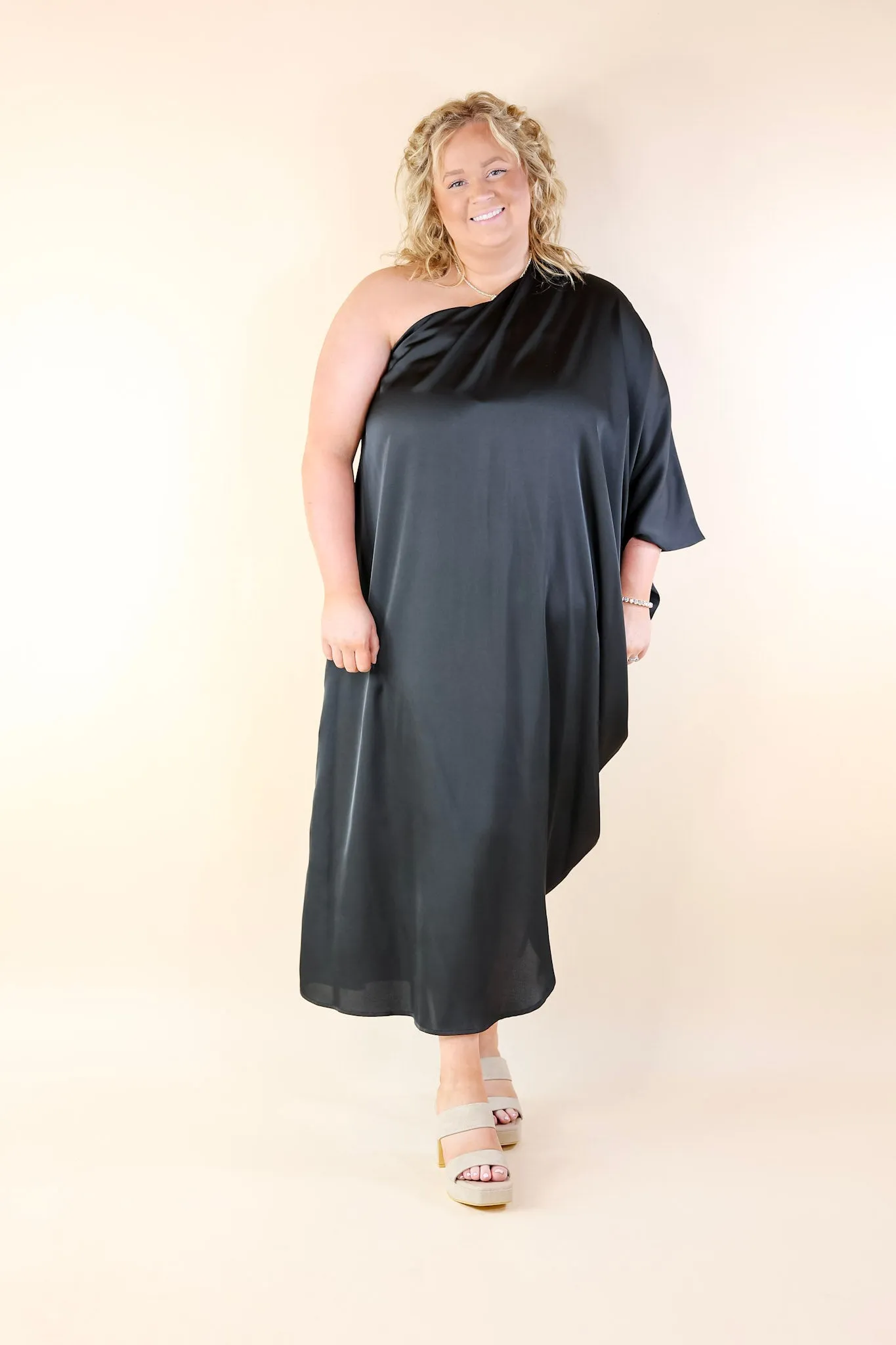 Sweet Romance One Shoulder Satin Drape Midi Dress in Black