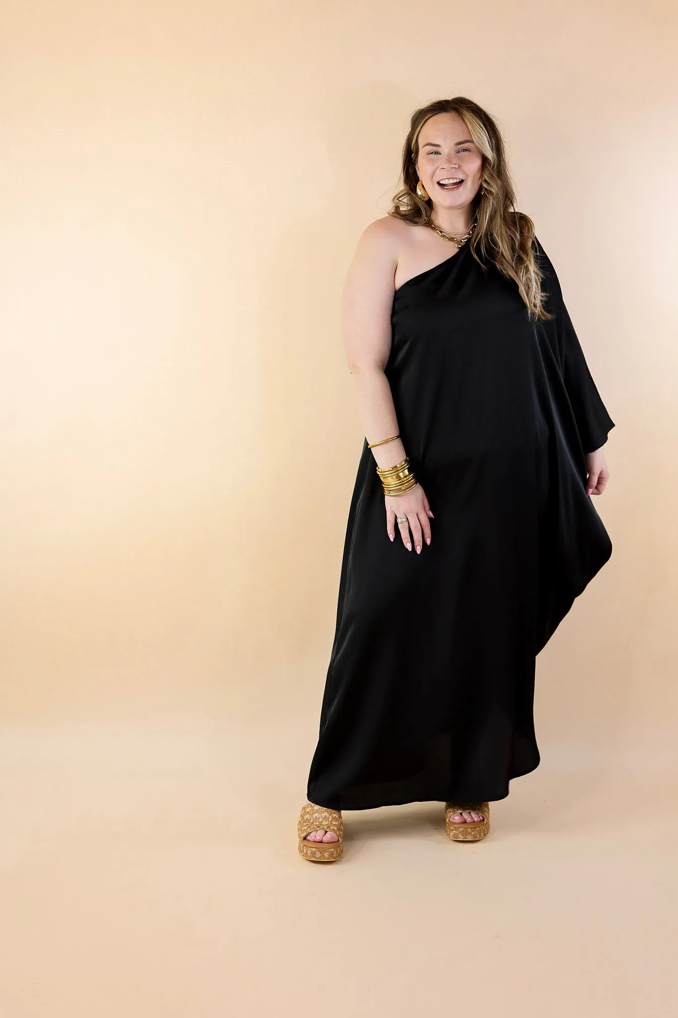 Sweet Romance One Shoulder Satin Drape Midi Dress in Black