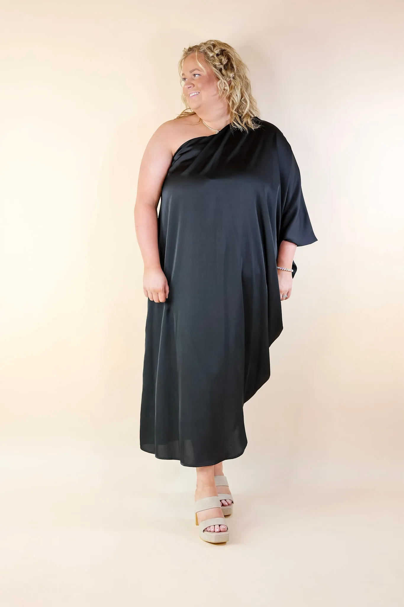 Sweet Romance One Shoulder Satin Drape Midi Dress in Black