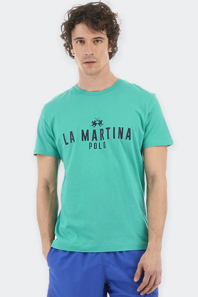 T-SHIRT GIROCOLLO IN JERSEY LOGO VERDE ACQUA