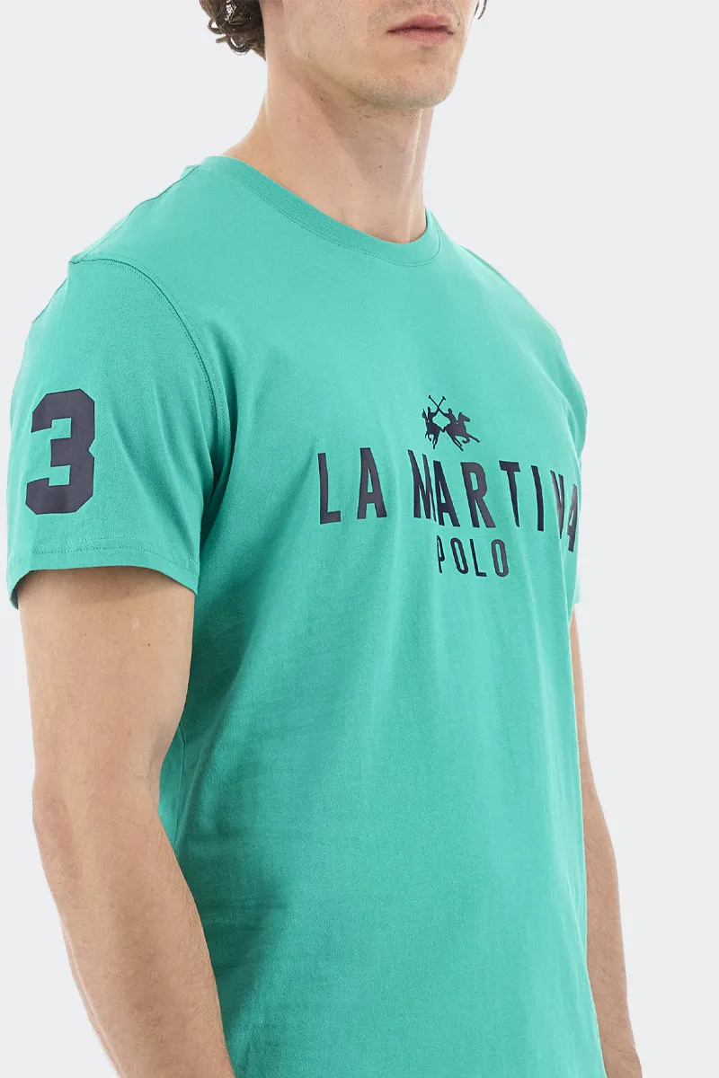 T-SHIRT GIROCOLLO IN JERSEY LOGO VERDE ACQUA