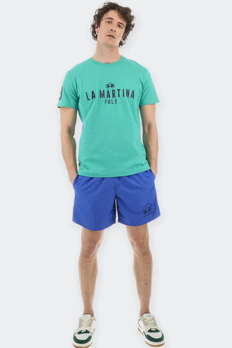 T-SHIRT GIROCOLLO IN JERSEY LOGO VERDE ACQUA