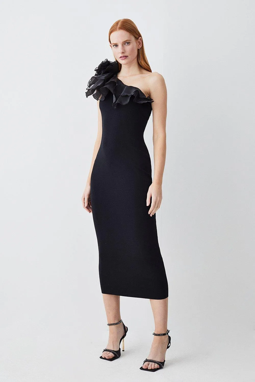 Tall One Shoulder Organza Flower Detail Knit Midi Dress | Karen Millen