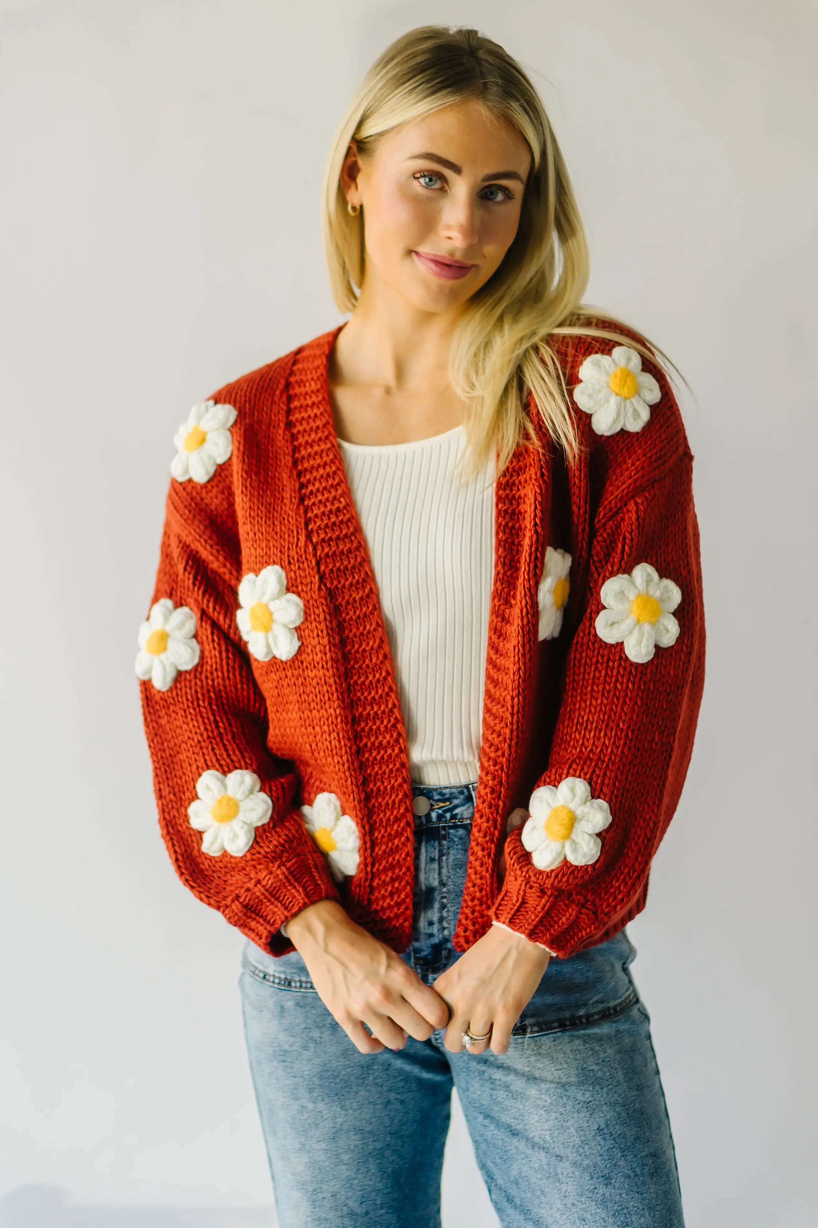 The Adara Knit Daisy Detail Cardigan in Rust