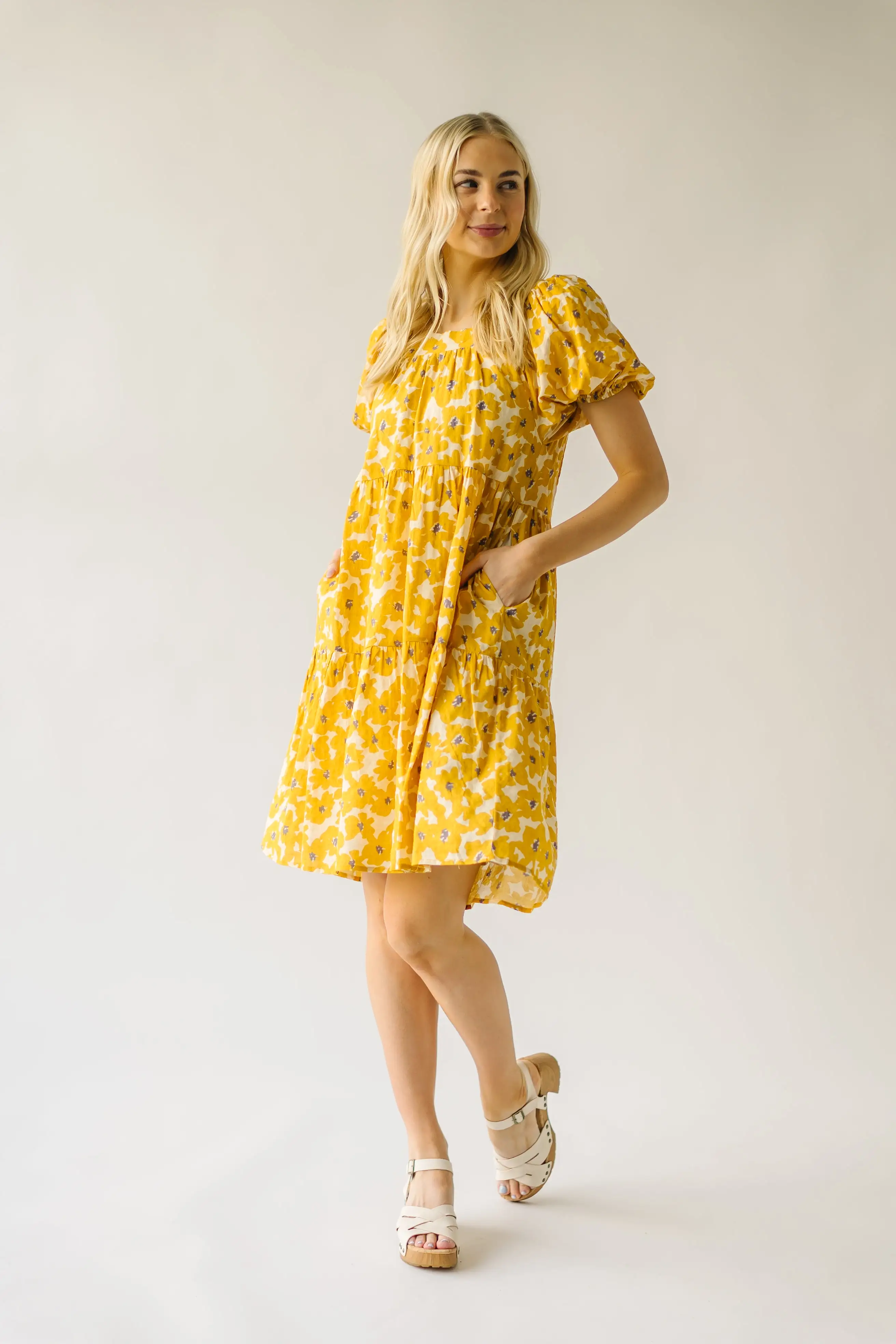 The Burwell Tiered Midi Dress in Mustard Floral