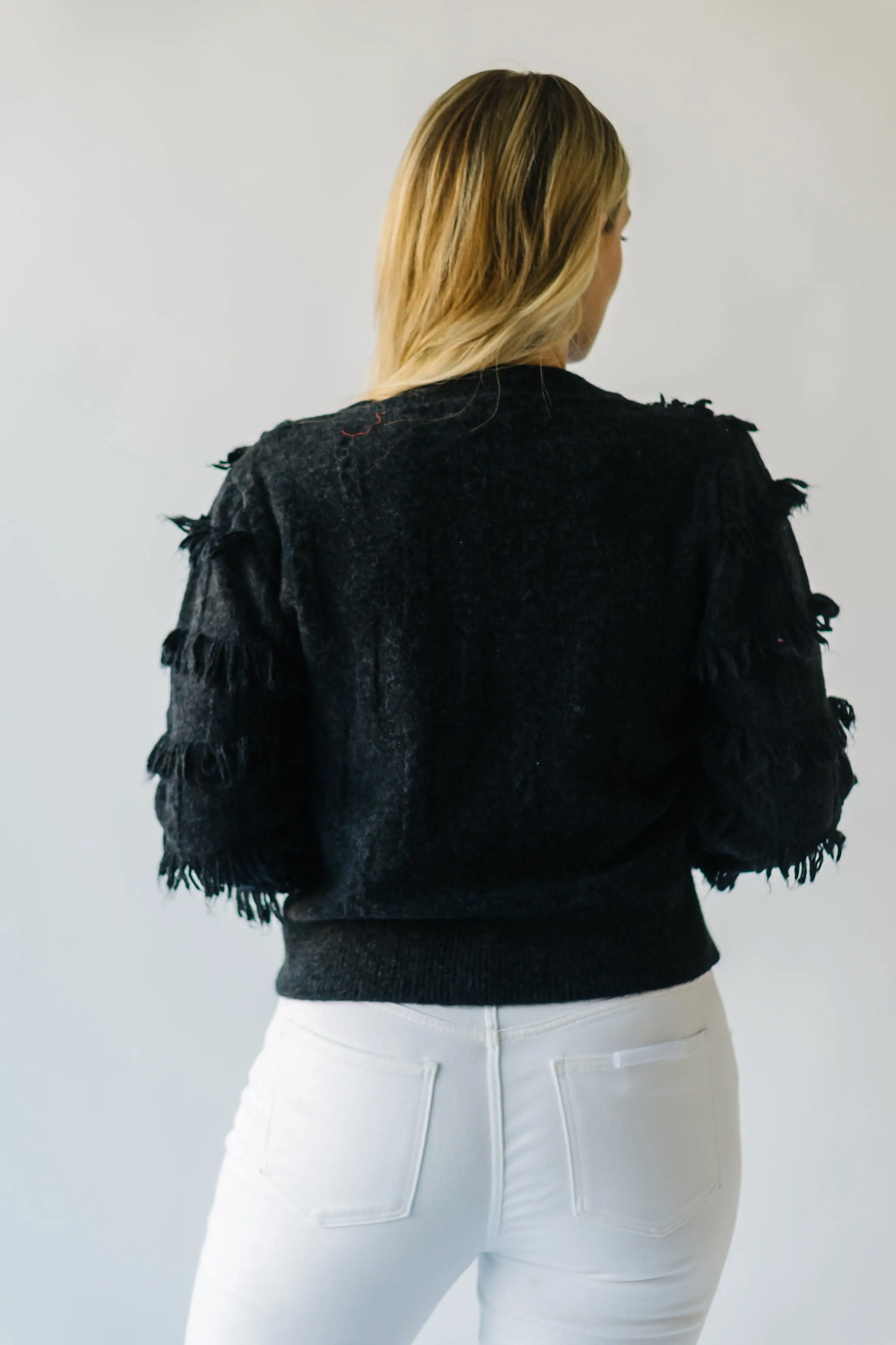 The Calhoun Fringe Button-Down Cardigan in Black