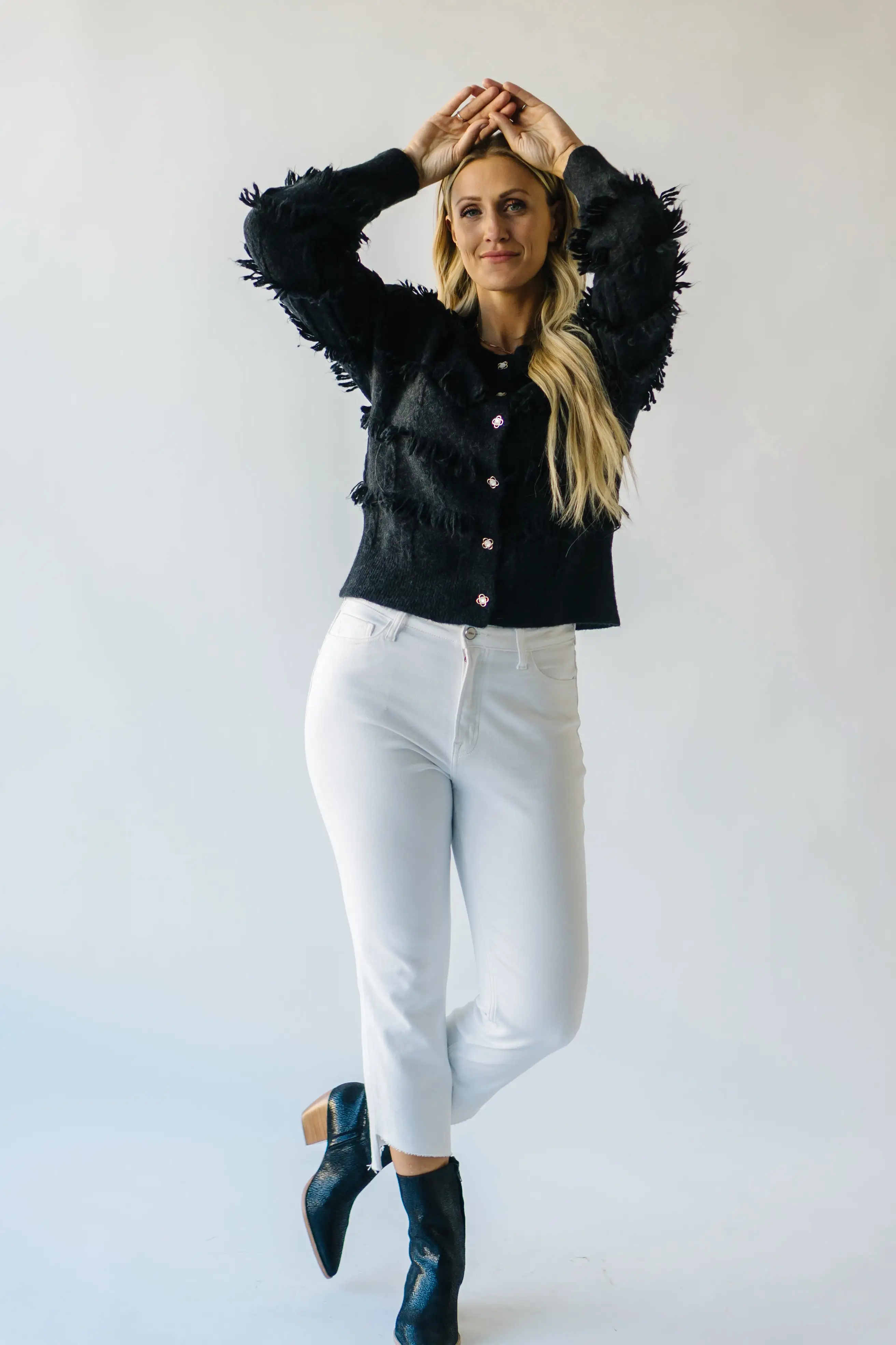 The Calhoun Fringe Button-Down Cardigan in Black