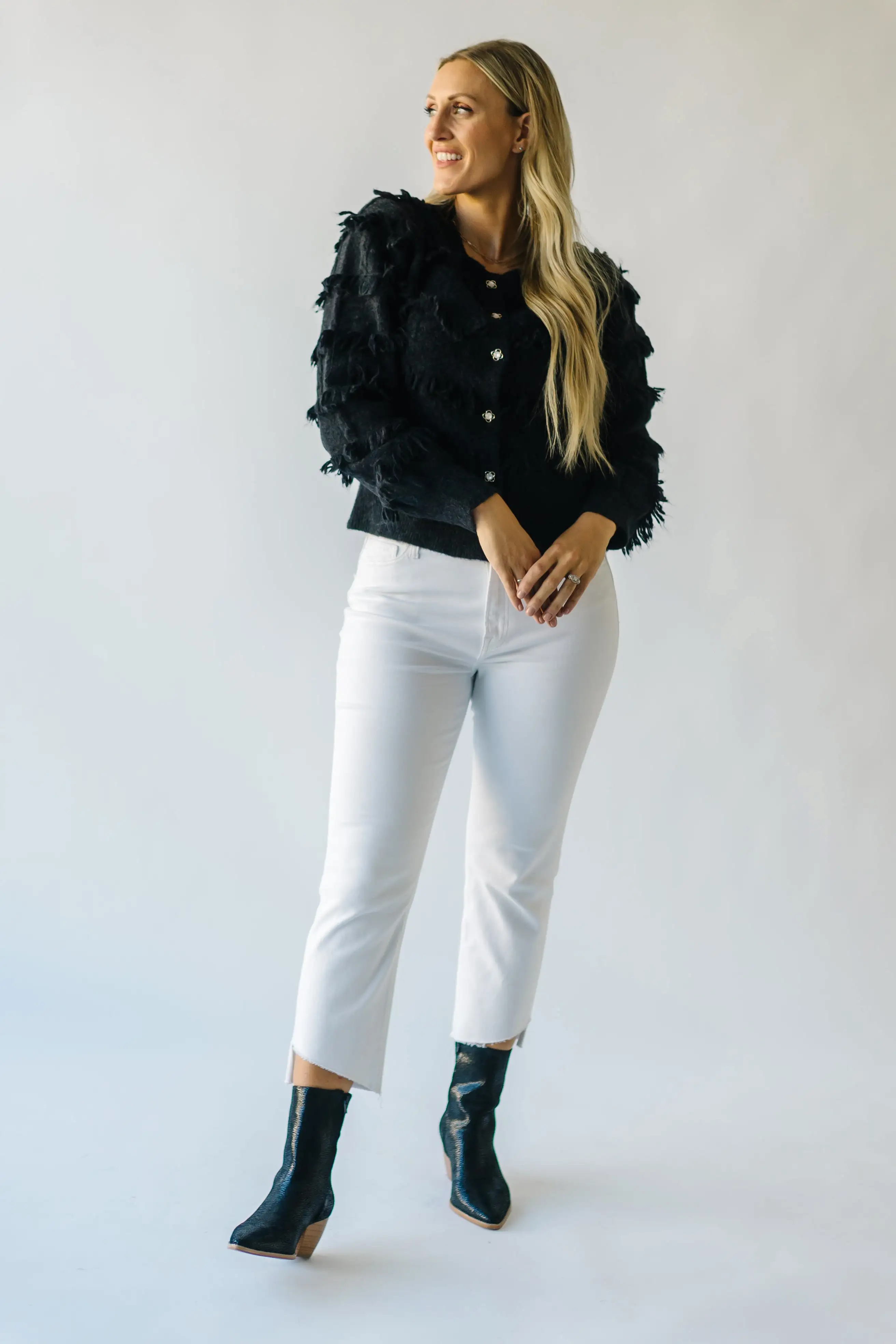 The Calhoun Fringe Button-Down Cardigan in Black