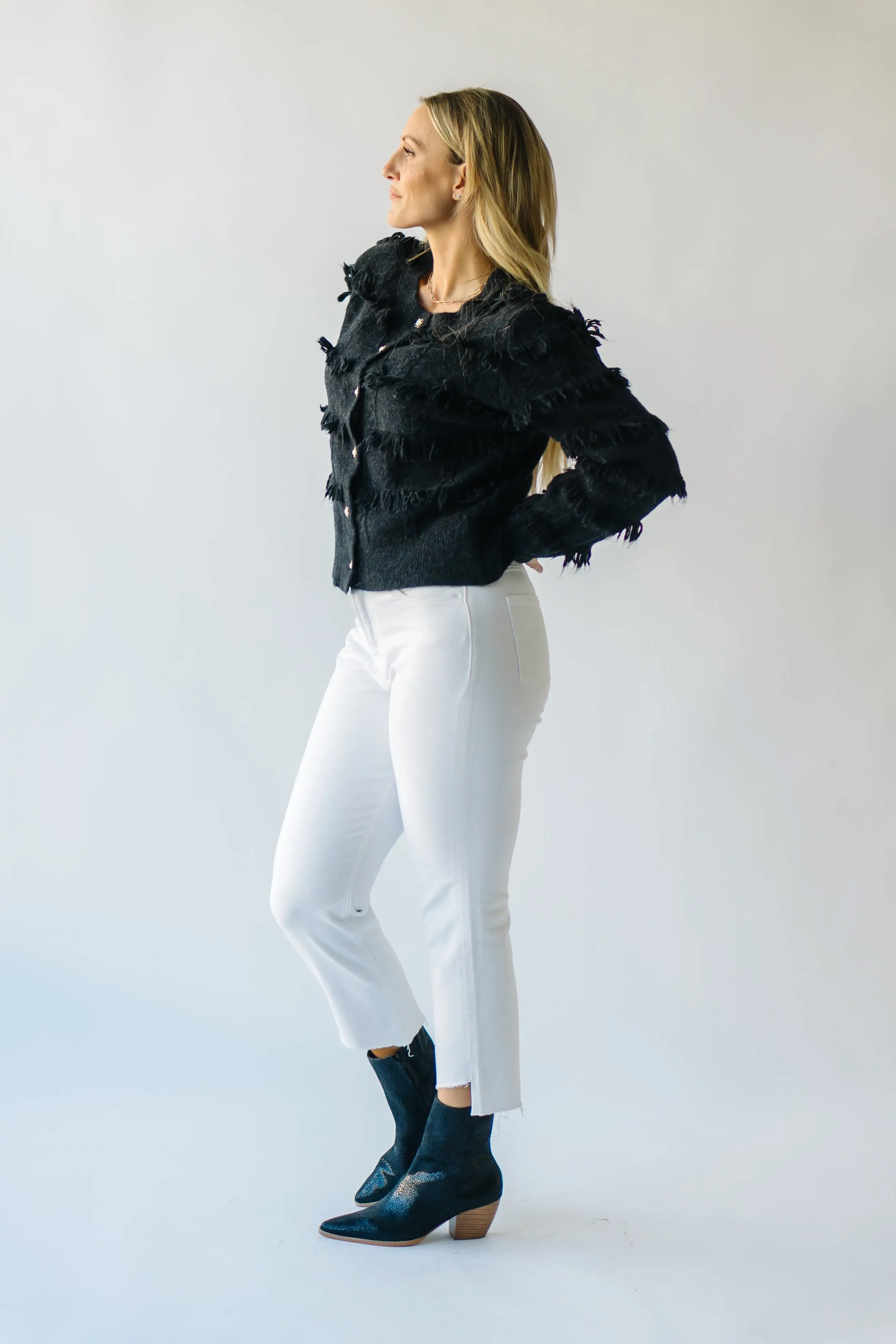 The Calhoun Fringe Button-Down Cardigan in Black