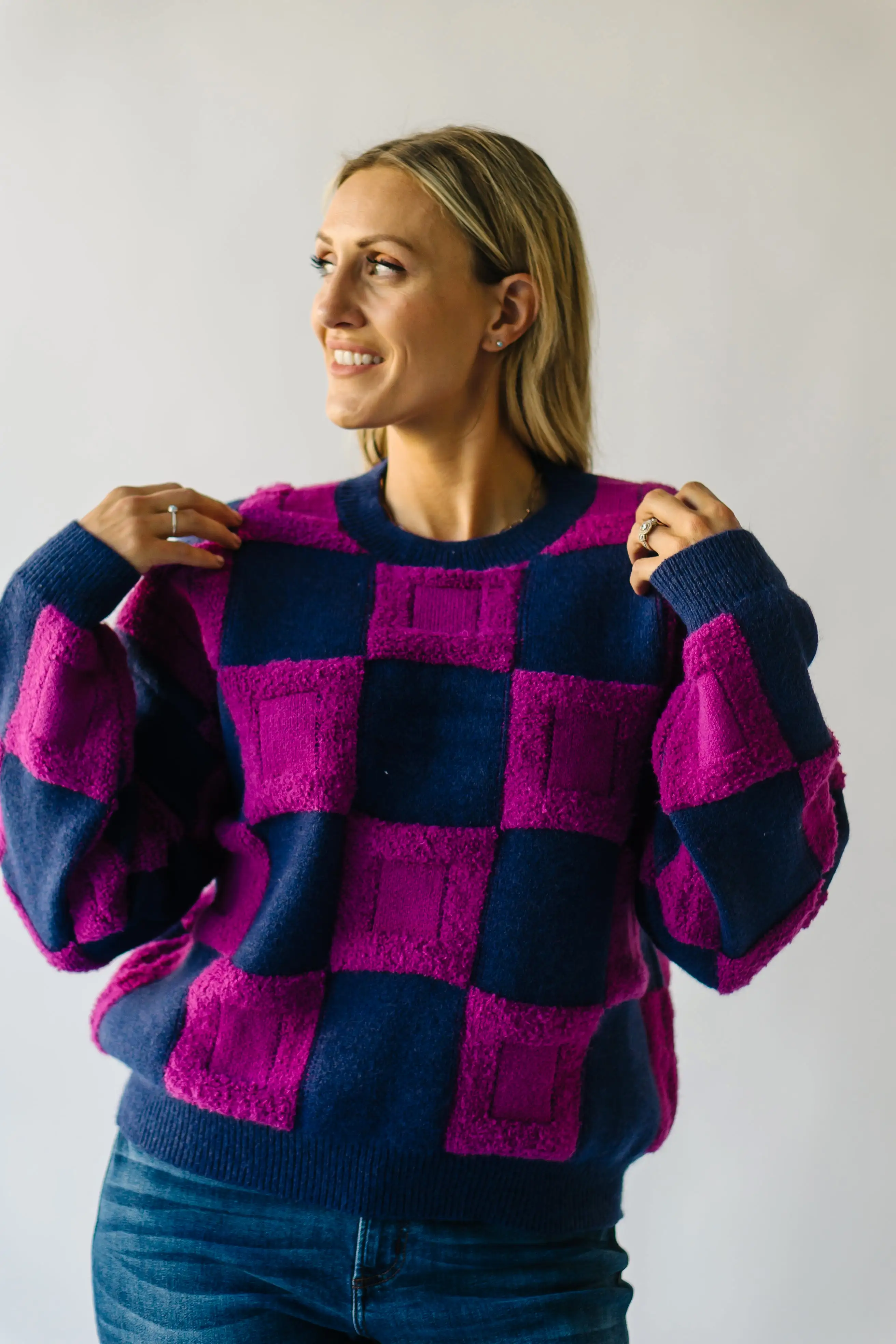 The Cortland Checkered Sweater in Navy + Purple