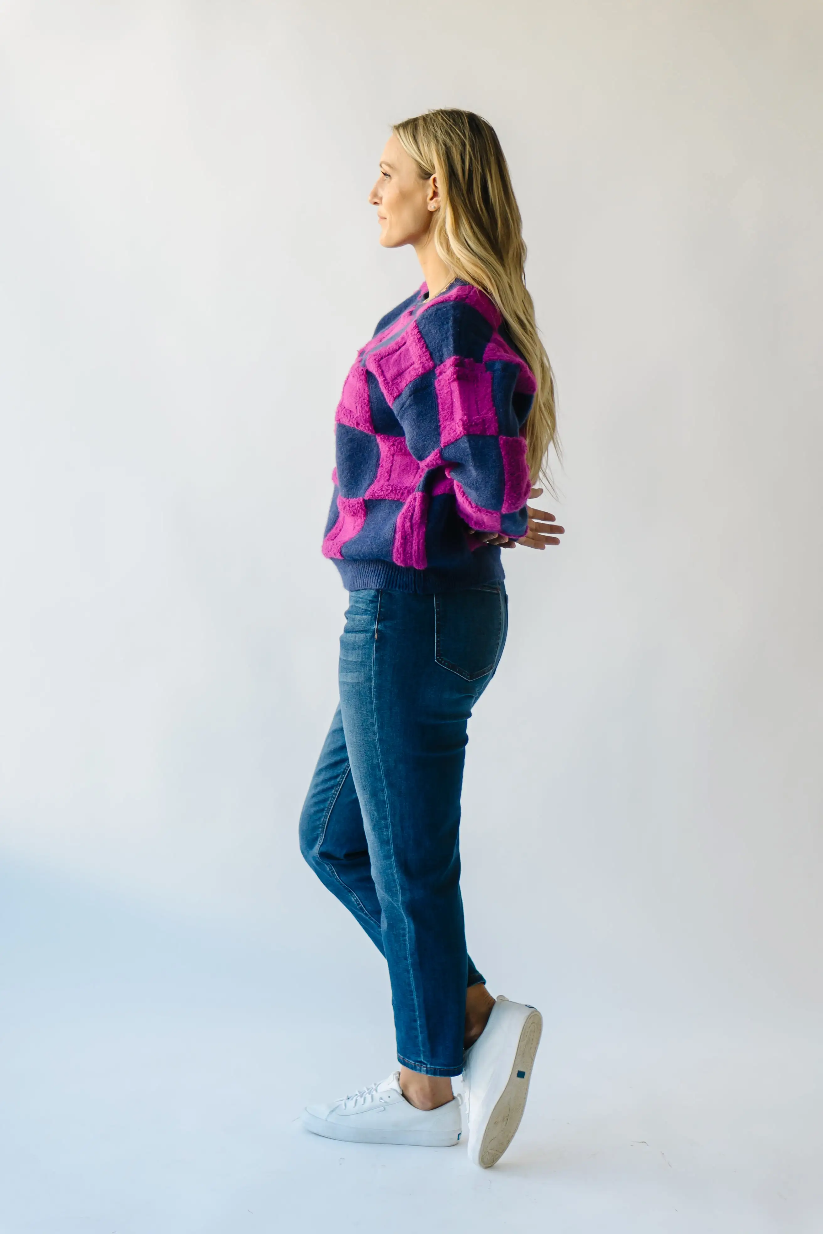 The Cortland Checkered Sweater in Navy + Purple