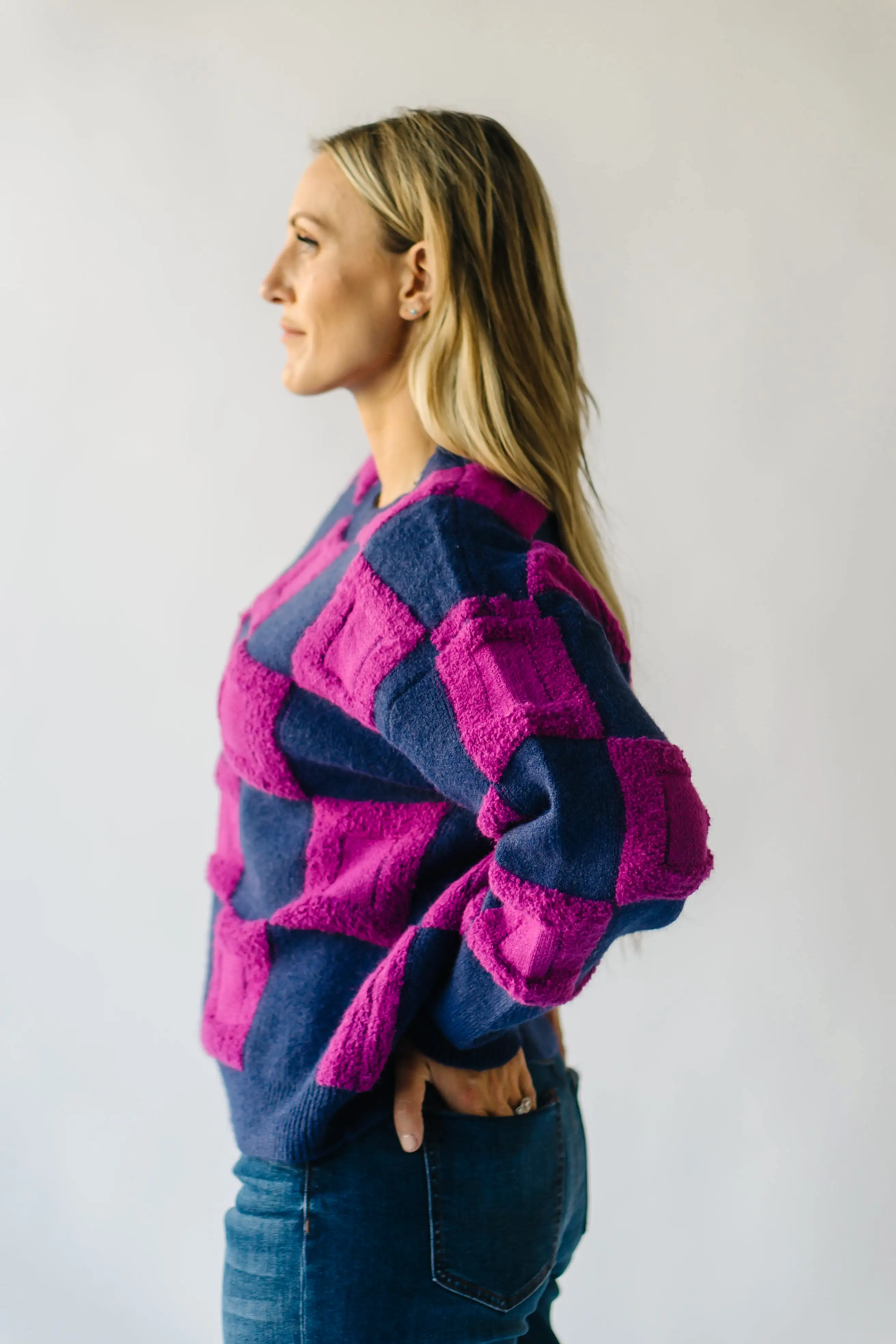 The Cortland Checkered Sweater in Navy + Purple