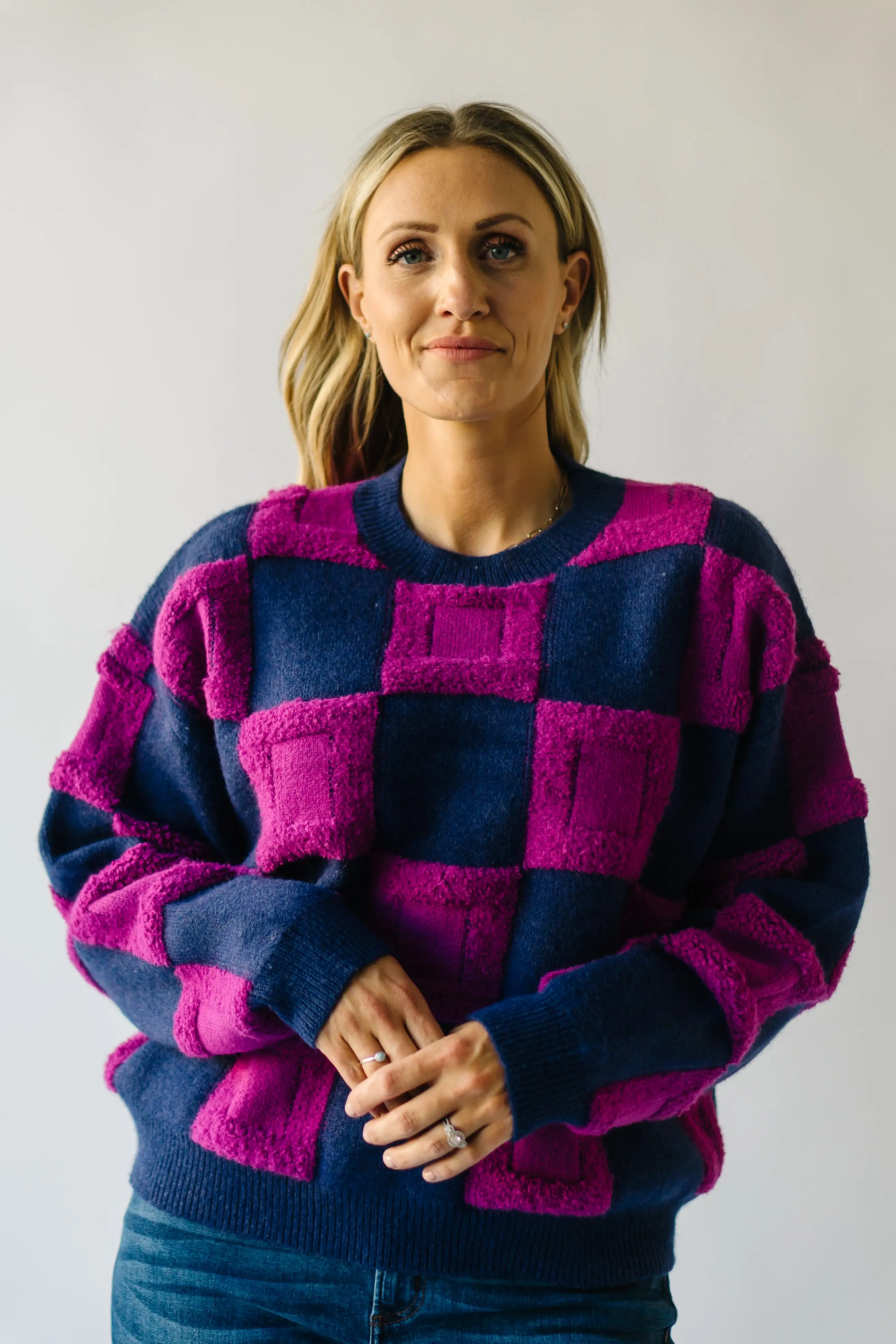 The Cortland Checkered Sweater in Navy + Purple