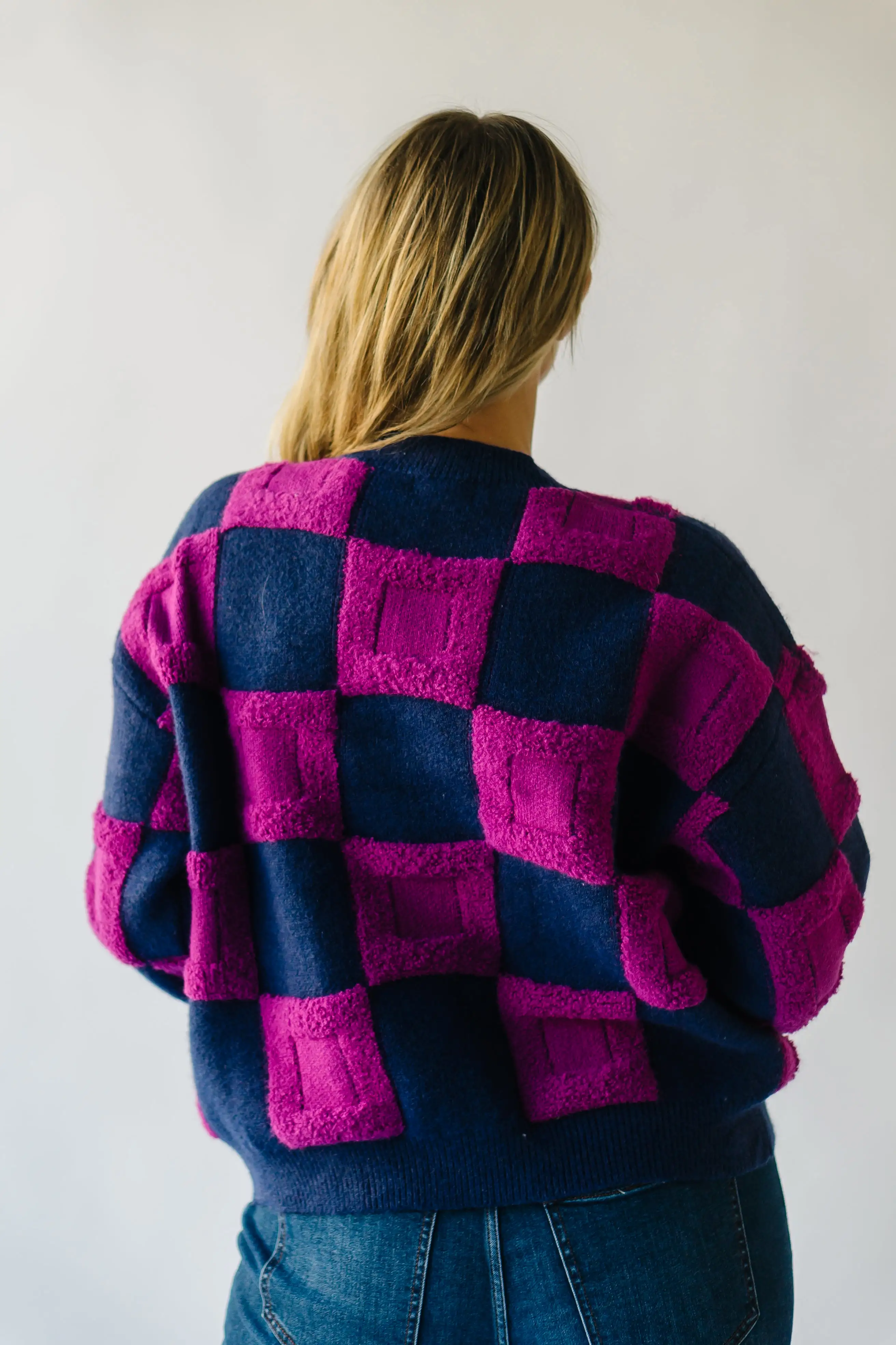 The Cortland Checkered Sweater in Navy + Purple