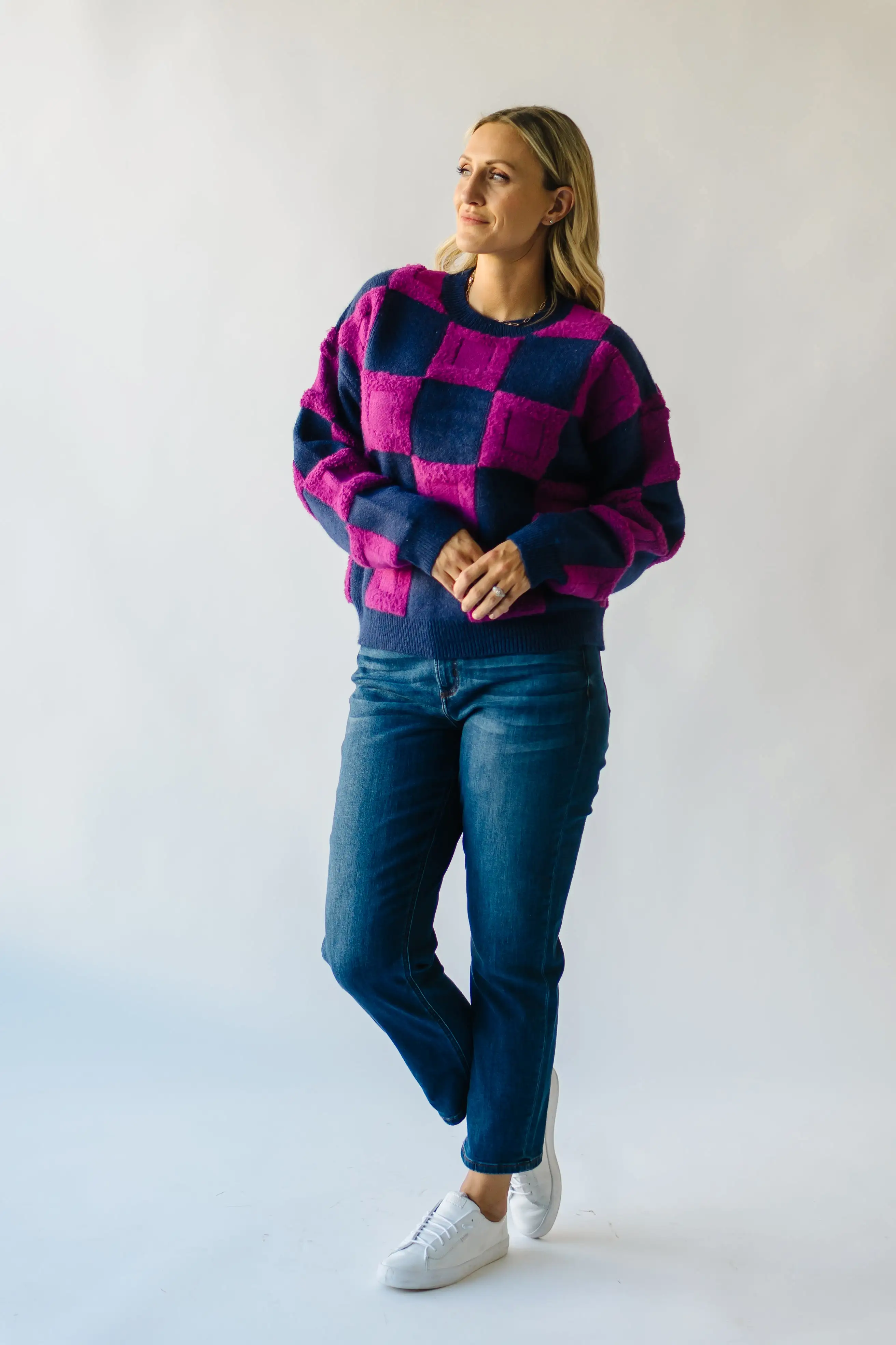 The Cortland Checkered Sweater in Navy + Purple