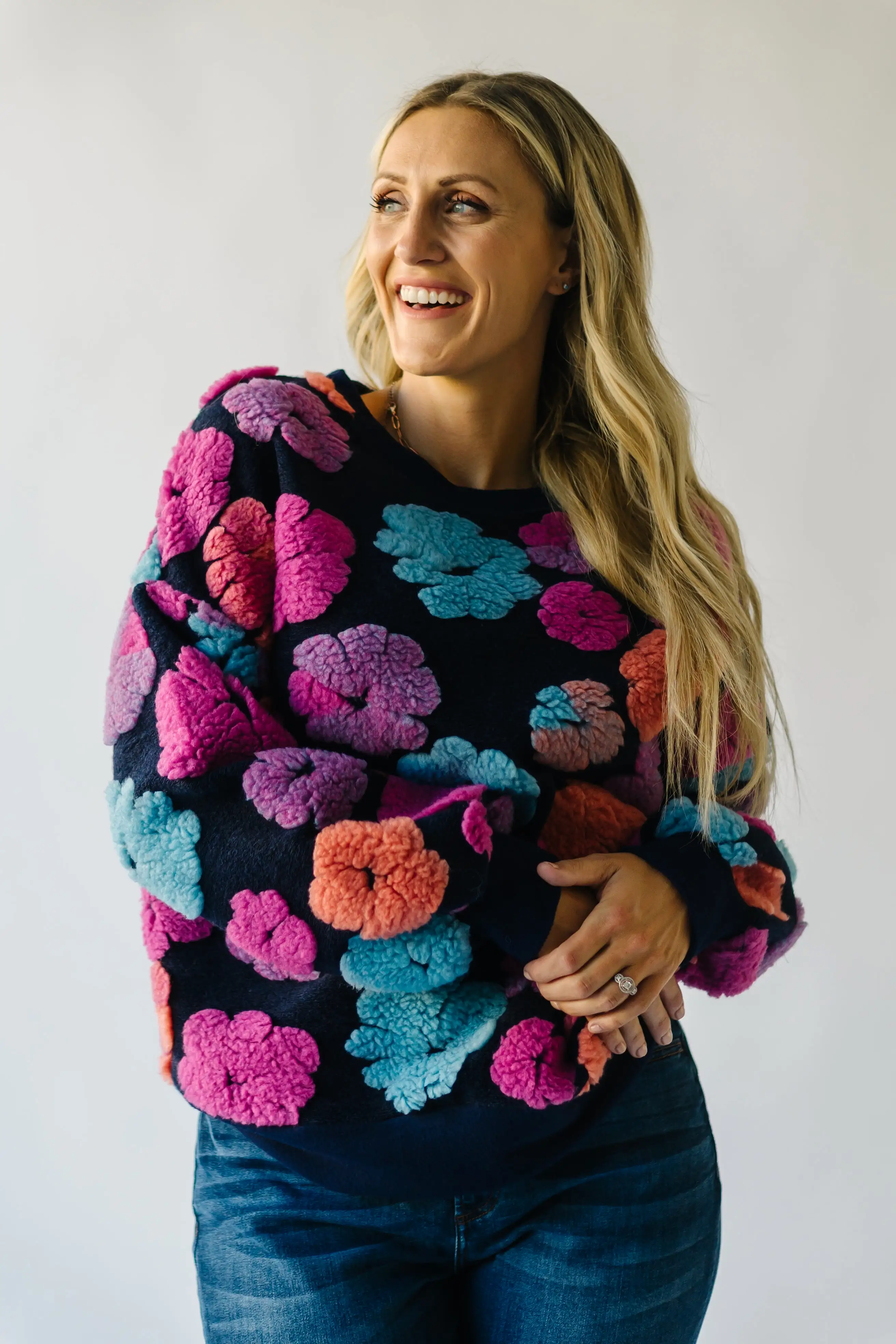 The Flanagan Sherpa Flower Detail Sweater in Navy + Fuchsia