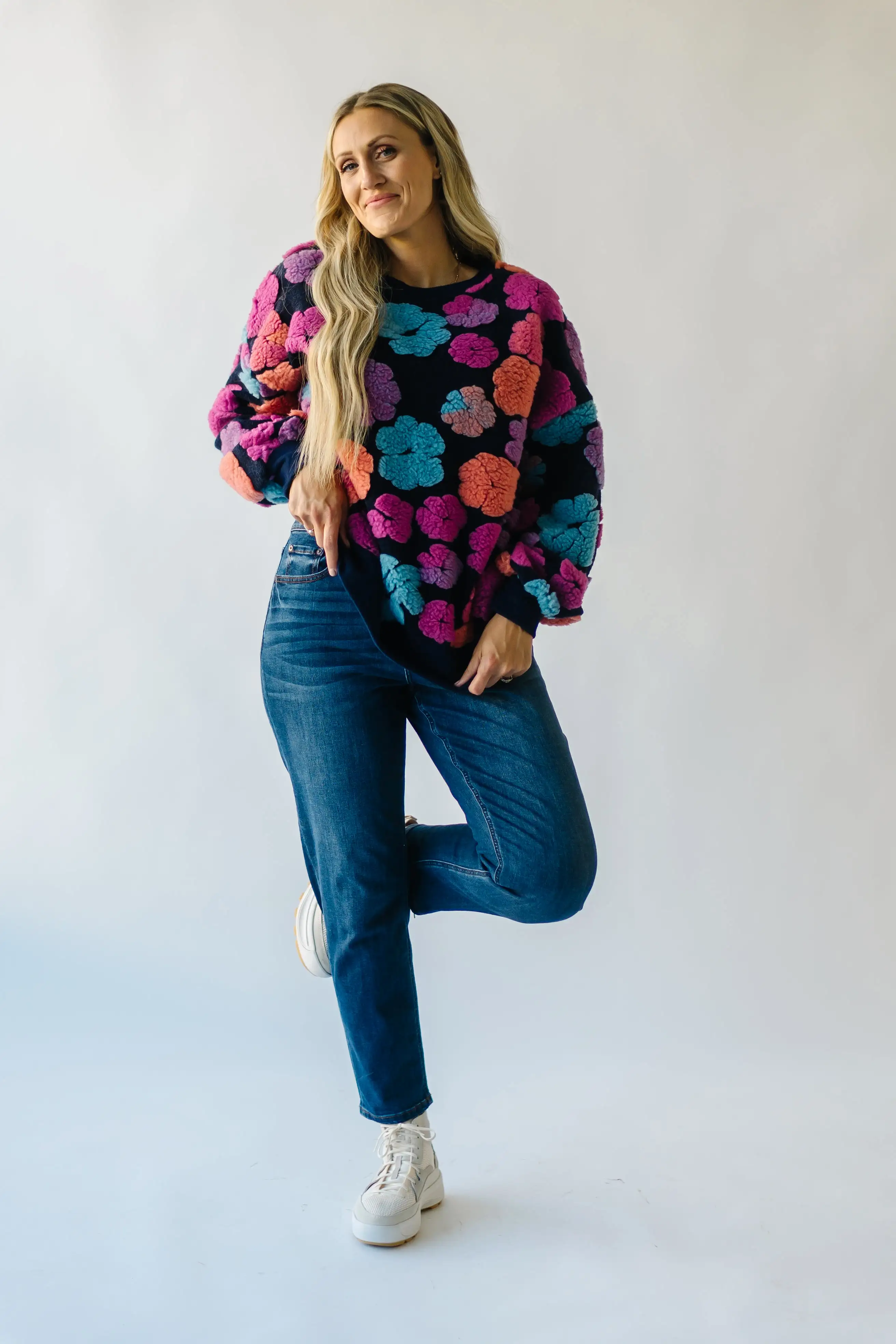 The Flanagan Sherpa Flower Detail Sweater in Navy + Fuchsia