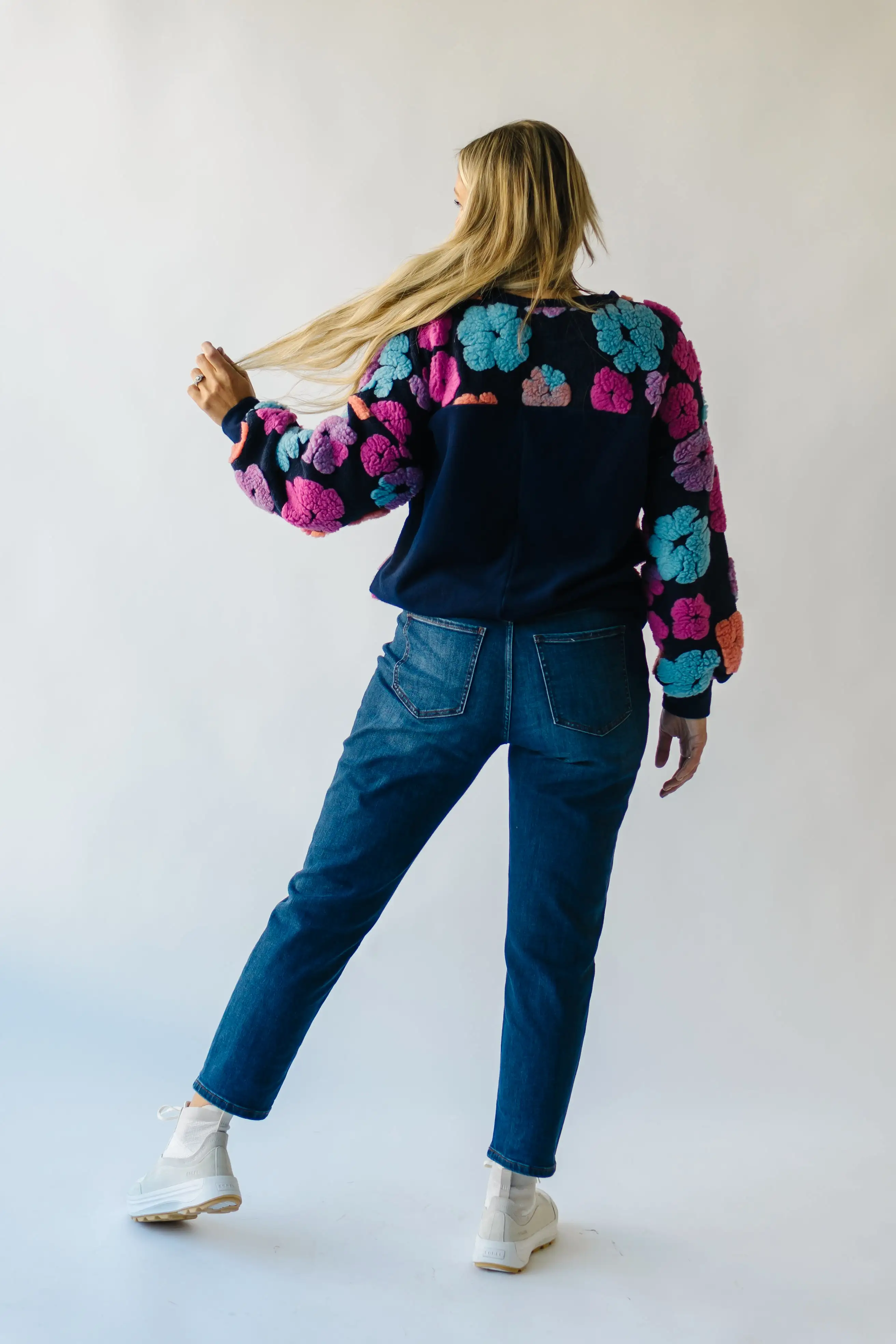 The Flanagan Sherpa Flower Detail Sweater in Navy + Fuchsia