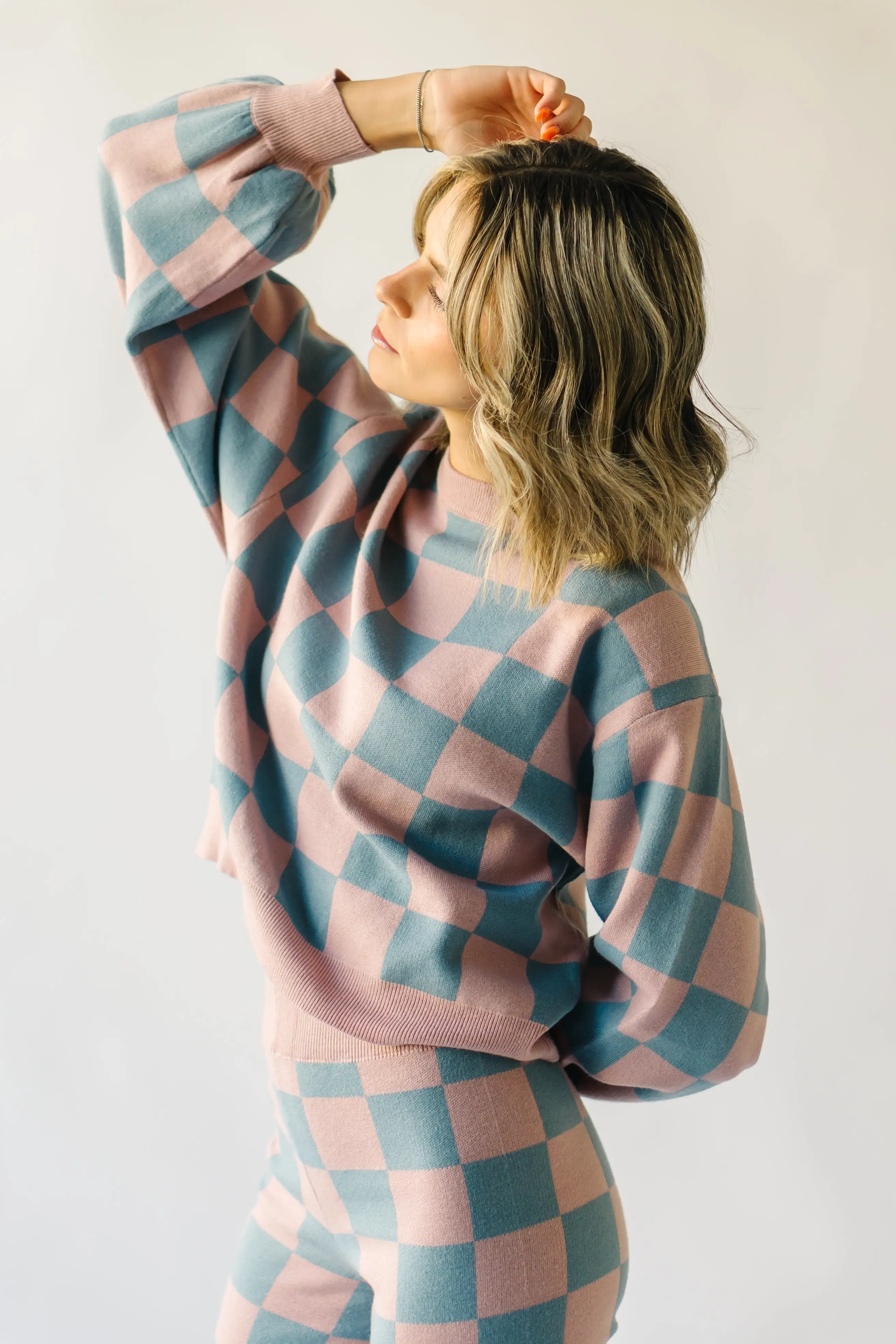 The Hermione Checkered Sweater in Mauve + Blue